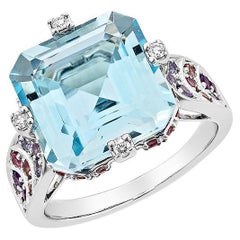 7.24 Carat Swiss Blue Topaz Fancy Ring in 18KWG with Multi Gemstone & Diamond.  