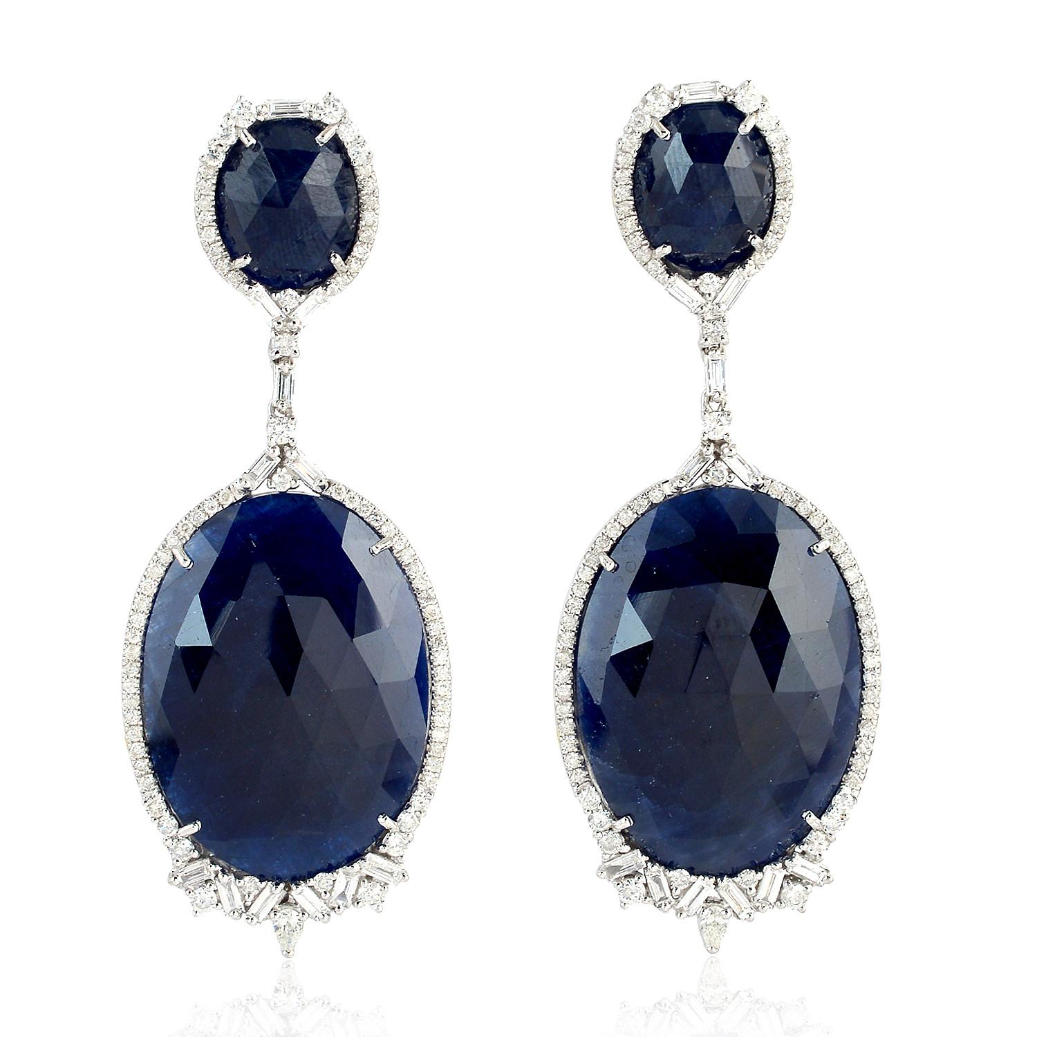 Contemporary 72.44 Carat Blue Sapphire Diamond 18 Karat Gold Earrings For Sale