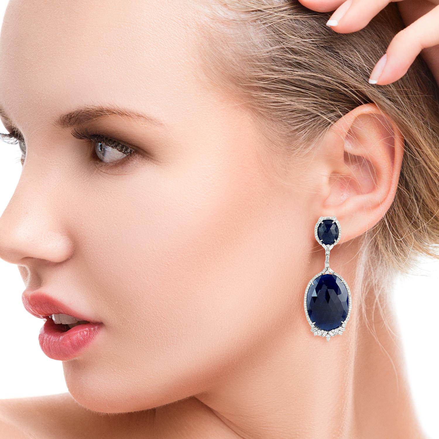 Rose Cut 72.44 Carat Blue Sapphire Diamond 18 Karat Gold Earrings For Sale