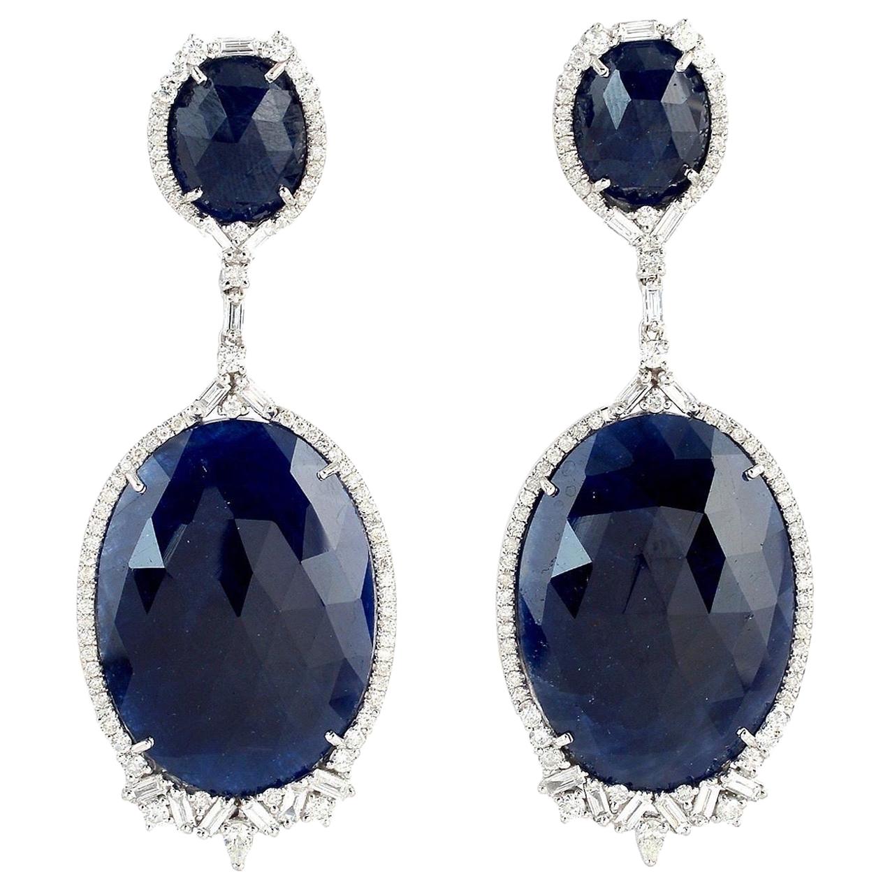 72.44 Carat Blue Sapphire Diamond 18 Karat Gold Earrings For Sale