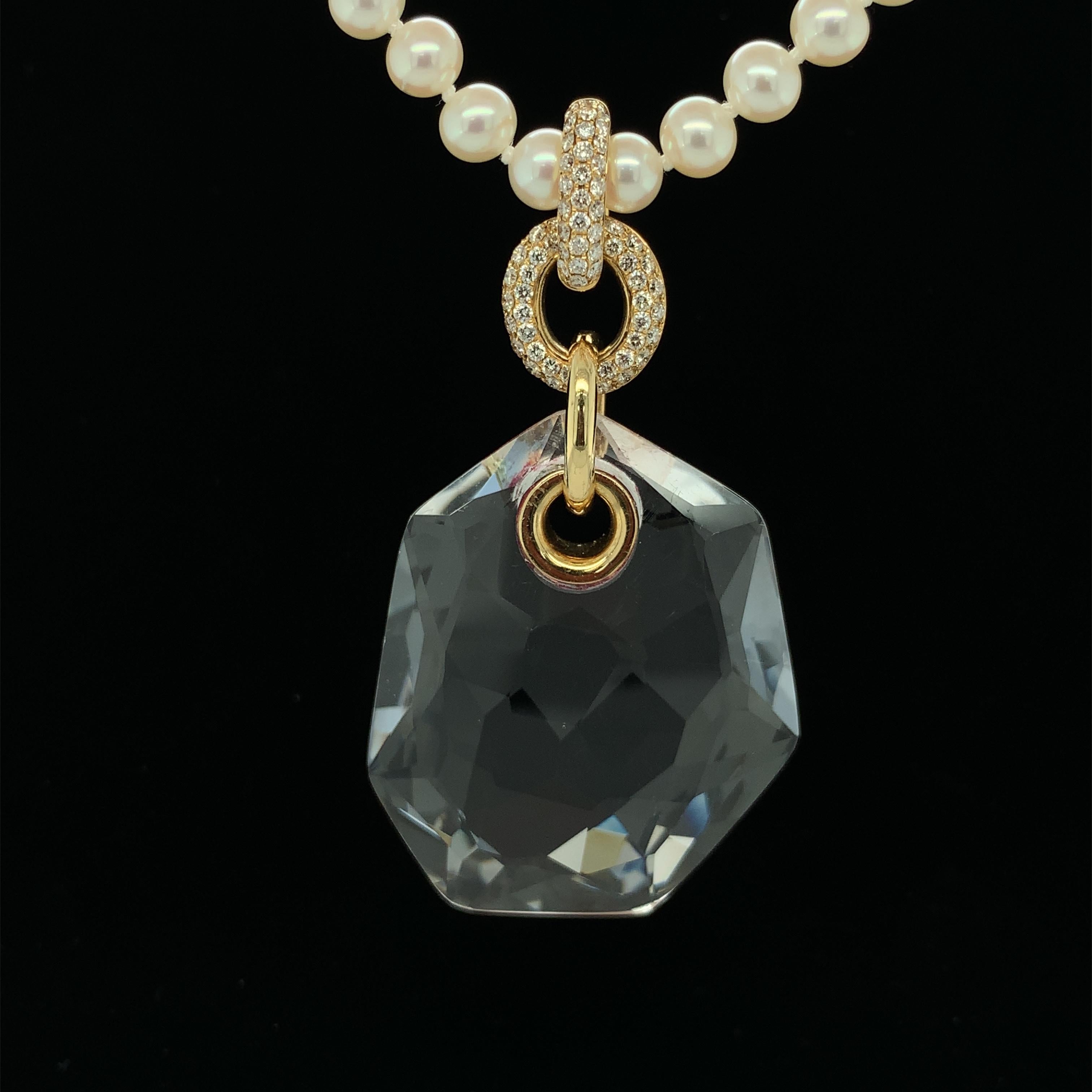 Mixed Cut 72.45 Rock Crystal Quartz and Diamond Yellow Gold Pendant, Enhancer Necklace