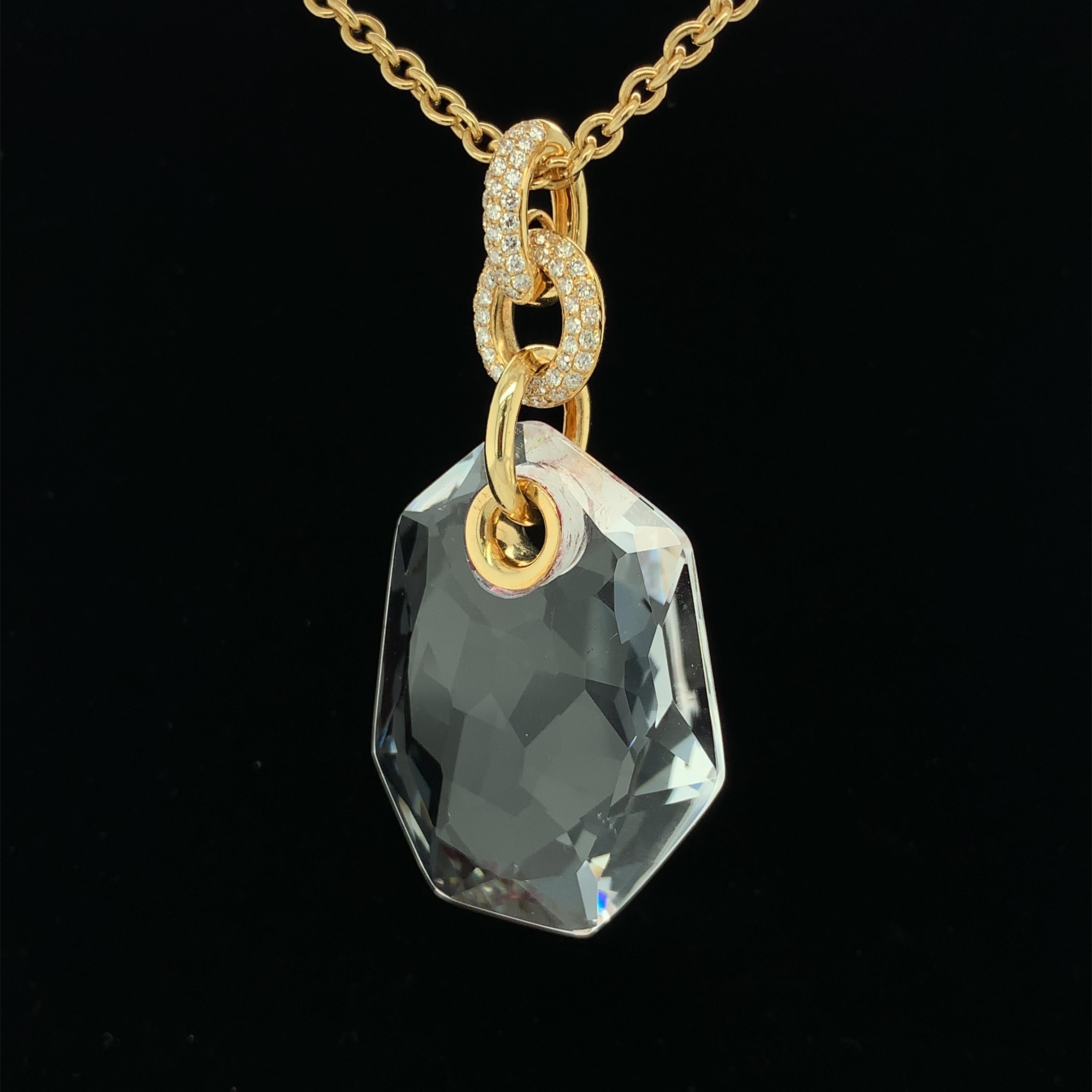72.45 Rock Crystal Quartz and Diamond Yellow Gold Pendant, Enhancer Necklace In New Condition In Los Angeles, CA