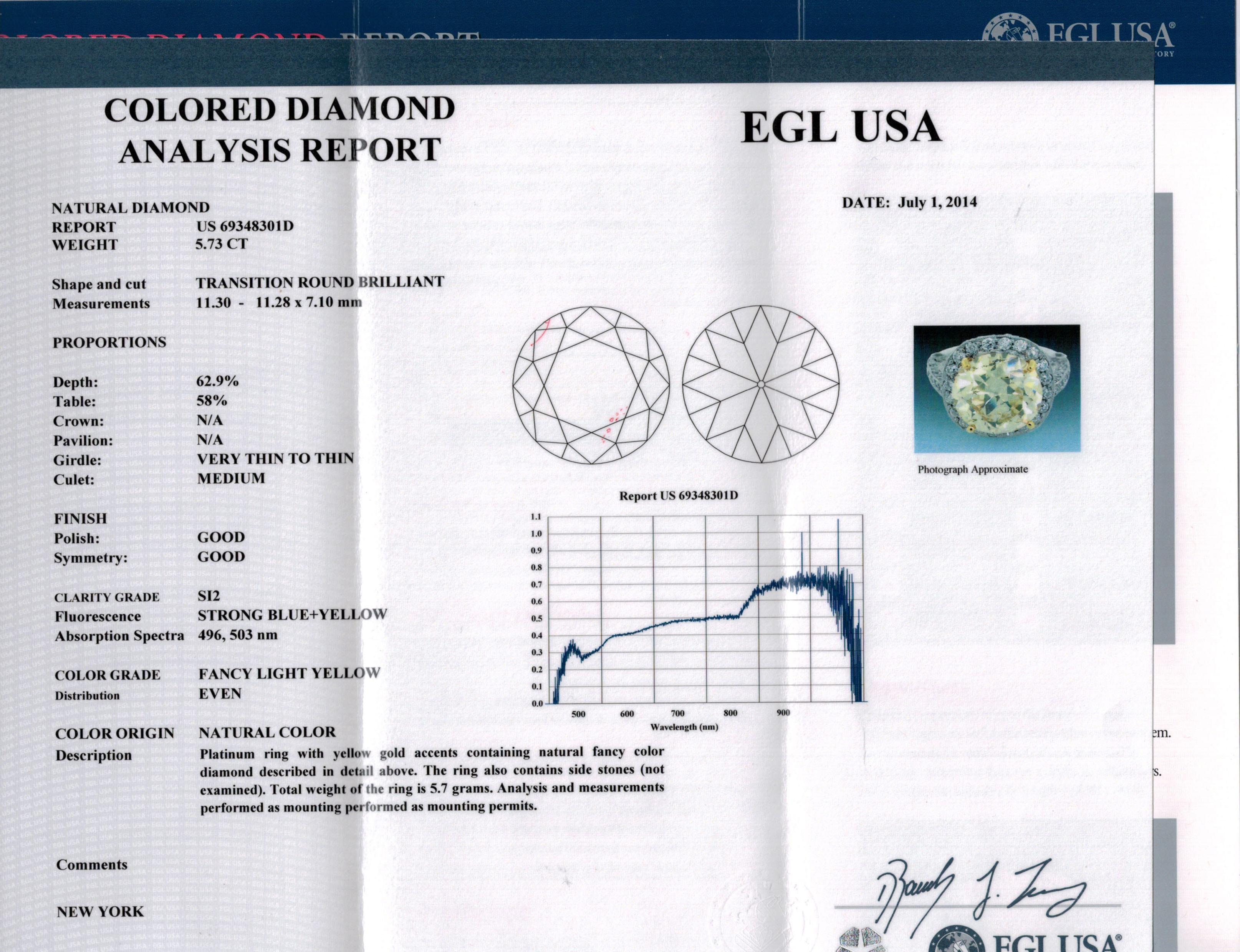 Round Cut 7.24 Carat Estate Fancy Yellow Round Diamond Wedding Plat Ring EGL, USA