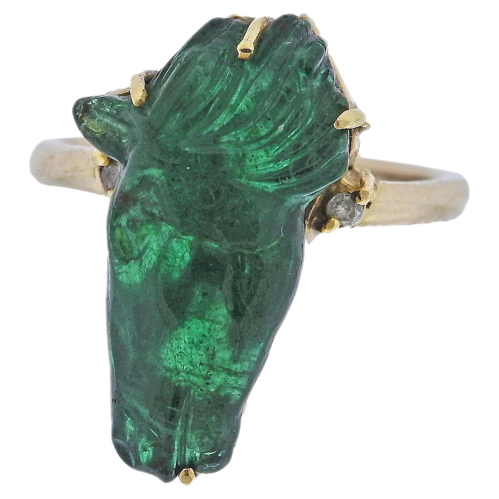 7.25 Carat Carved Emerald Horse Head Diamond Gold Ring For Sale