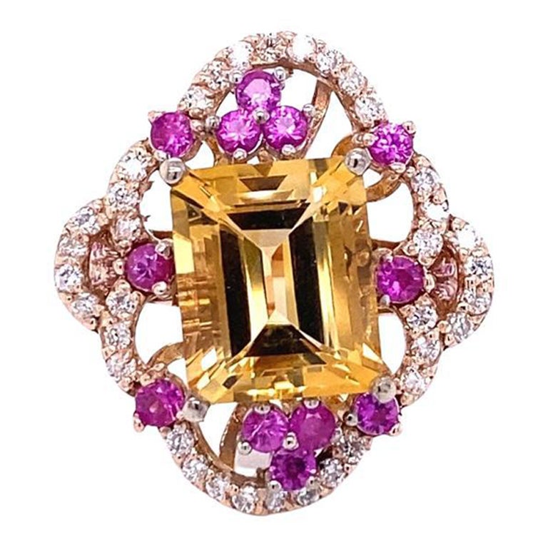Bague cocktail en or rose avec diamants, saphirs et citrine de 7,25 carats