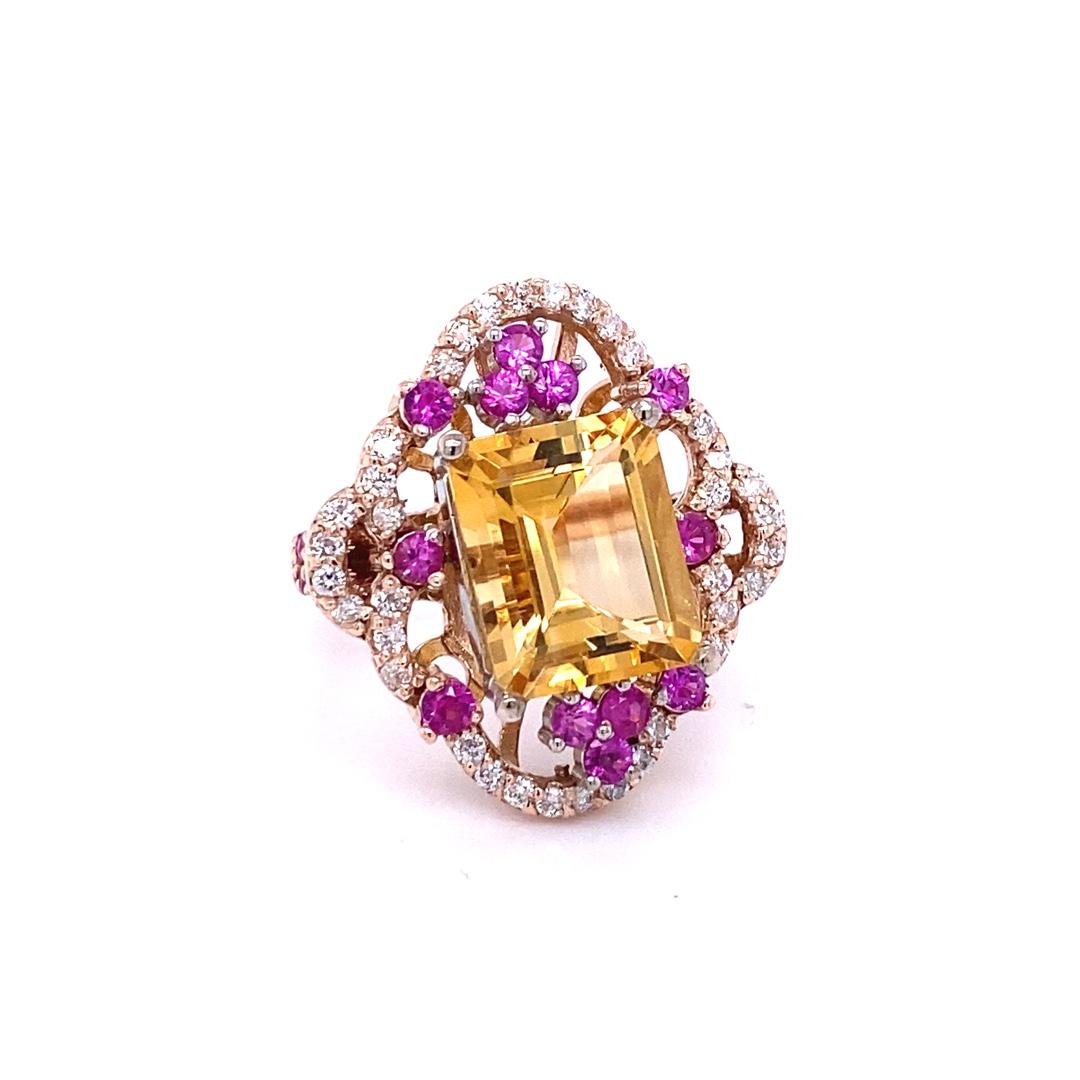 Contemporary 7.25 Carat Citrine Sapphire Diamond Rose Gold Cocktail Ring For Sale