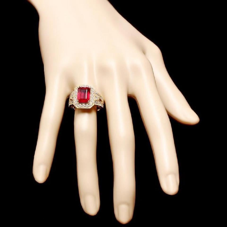 Mixed Cut 7.25 Carat Impressive Natural Red Ruby and Diamond 14 Karat Yellow Gold Ring For Sale