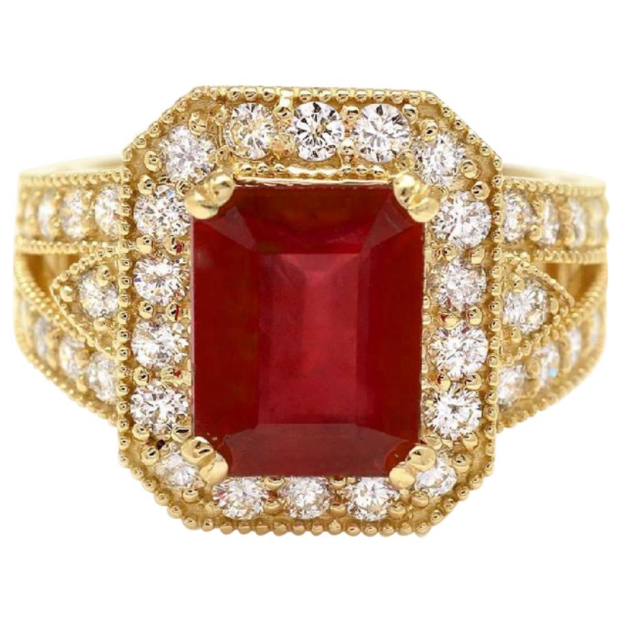 7.25 Carat Impressive Natural Red Ruby and Diamond 14 Karat Yellow Gold Ring For Sale