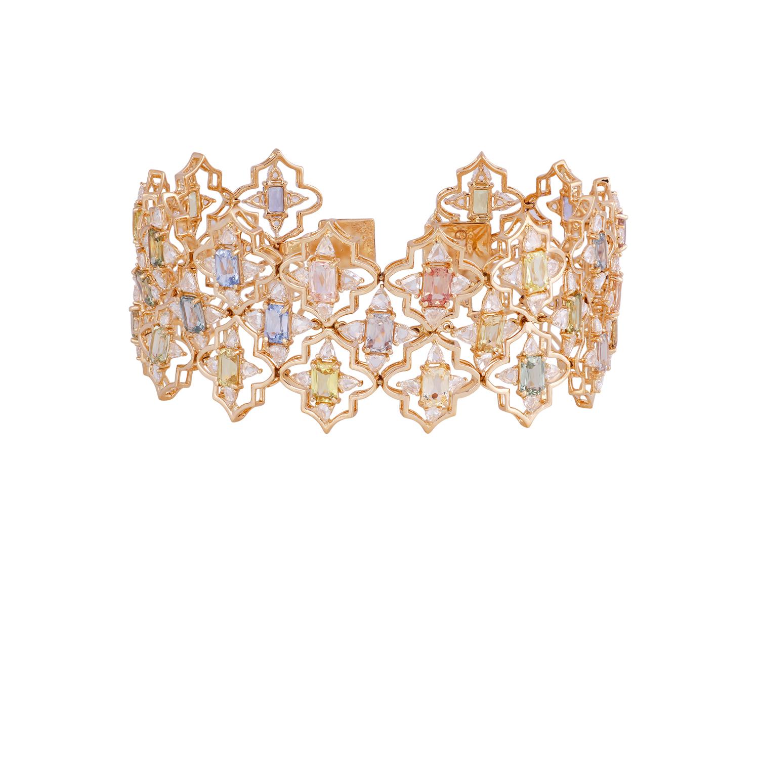 18 Karat Yellow Gold 14.94 Carat Multi-Sapphire and Diamond Bracelet

This magnificent fancy shape rainbow sapphire tennis bracelet is incredulous. The solitaire fancy-shaped rose-cut multi-sapphires are beautifully surrounded by a thin pave set
