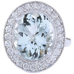Anillo De Diamantes Aguamarina En Oro Blanco De 14 Quilates