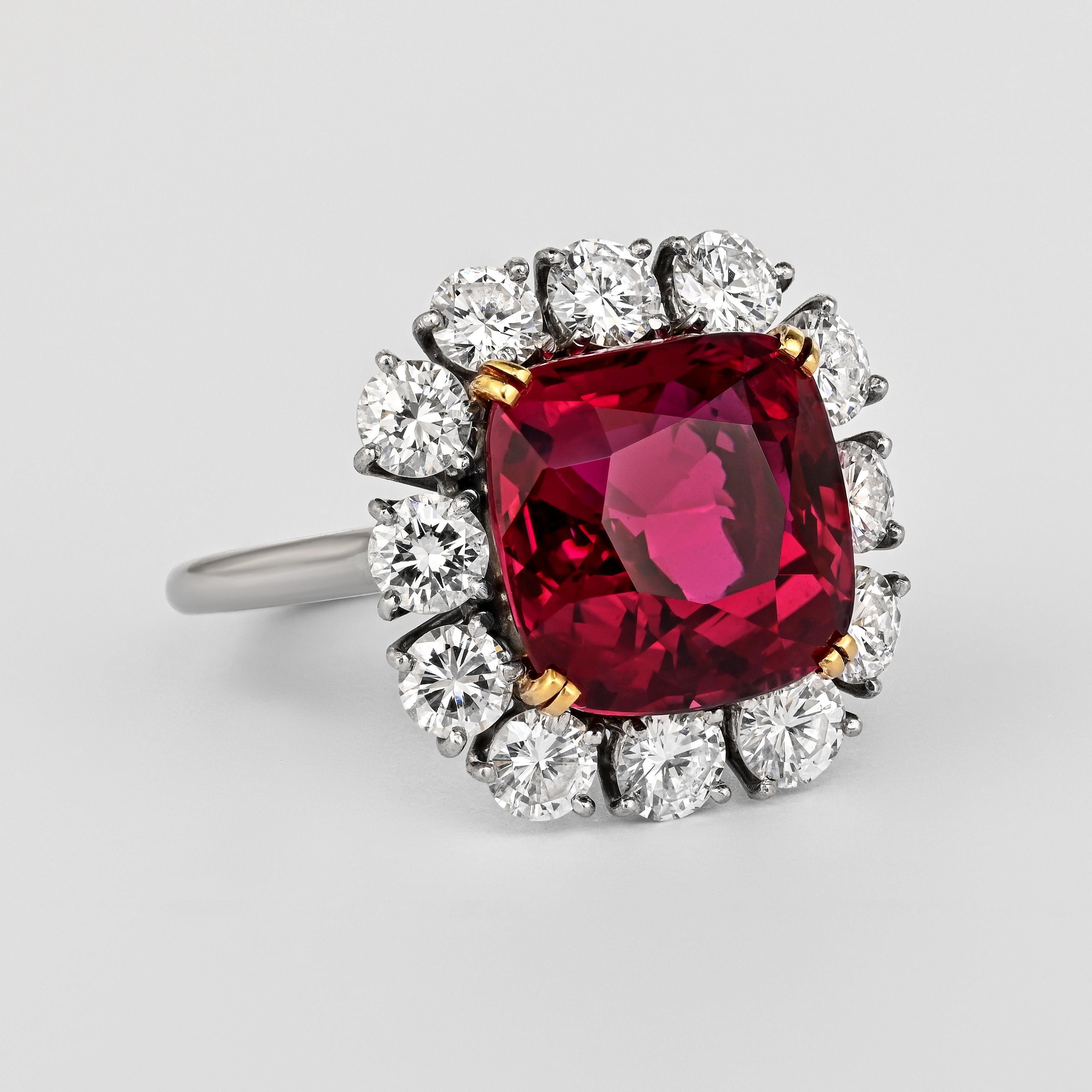 Art Deco 7.25 Carat No Heat Cushion Cut Ruby & Diamond Halo Platinum 18K Gold Ring For Sale