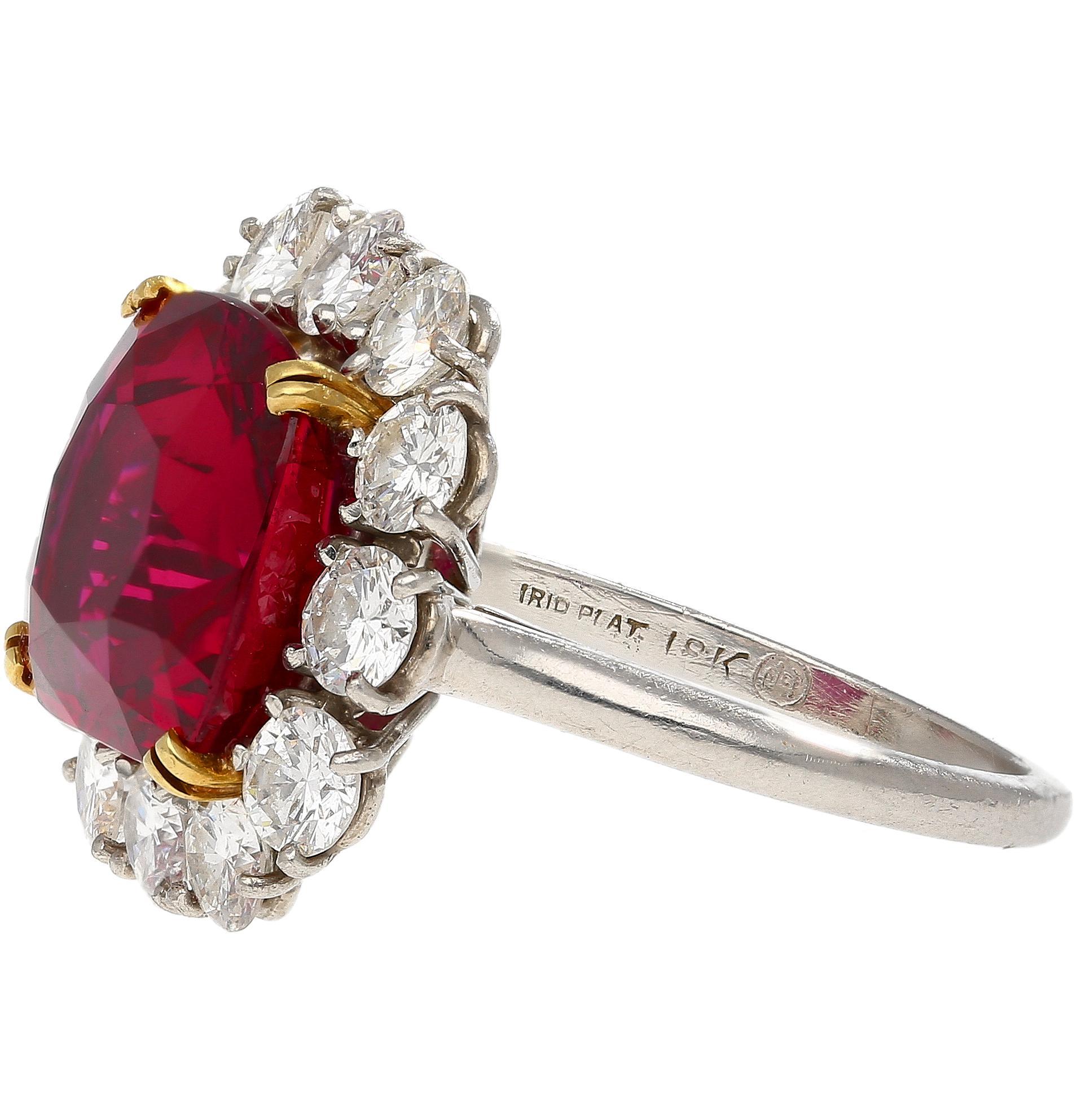 7.25 Carat No Heat Cushion Cut Ruby & Diamond Halo Platinum 18K Gold Ring In Excellent Condition For Sale In Miami, FL