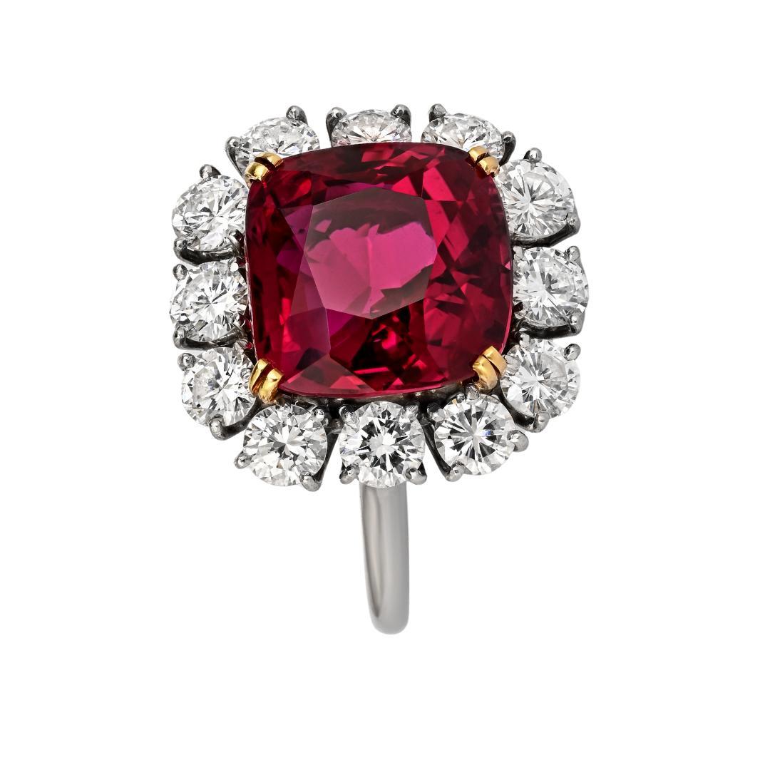Women's 7.25 Carat No Heat Cushion Cut Ruby & Diamond Halo Platinum 18K Gold Ring For Sale