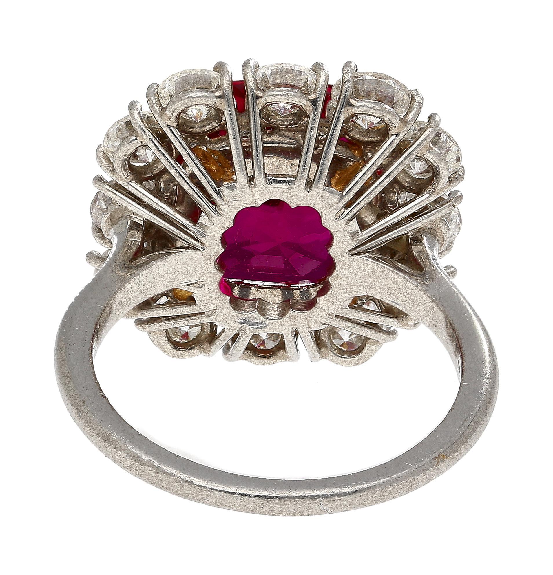 7.25 Carat No Heat Cushion Cut Ruby & Diamond Halo Platinum 18K Gold Ring For Sale 1