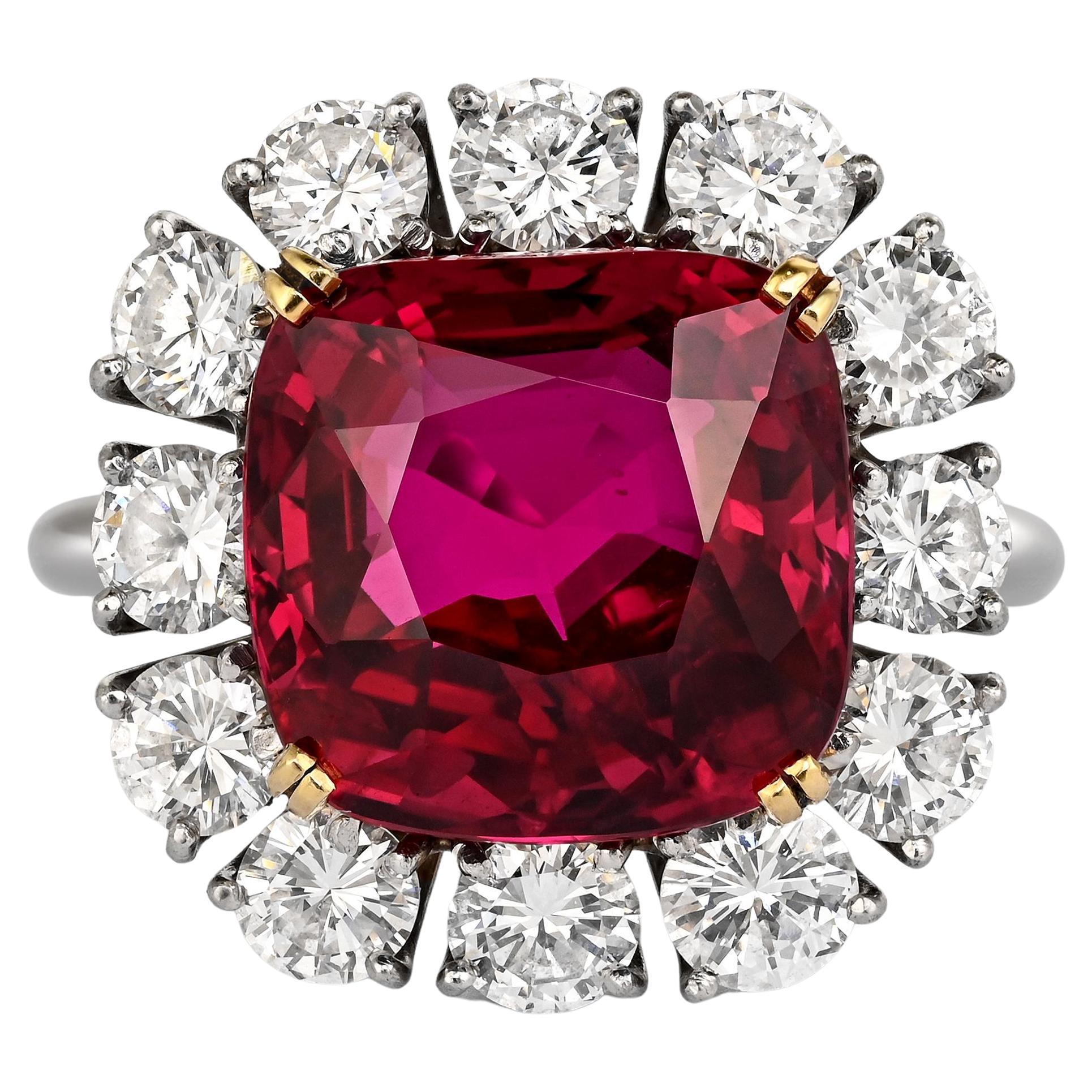 7.25 Carat No Heat Cushion Cut Ruby & Diamond Halo Platinum 18K Gold Ring