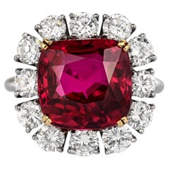 7.25 Carat No Heat Cushion Cut Ruby & Diamond Halo Platinum 18K Gold Ring