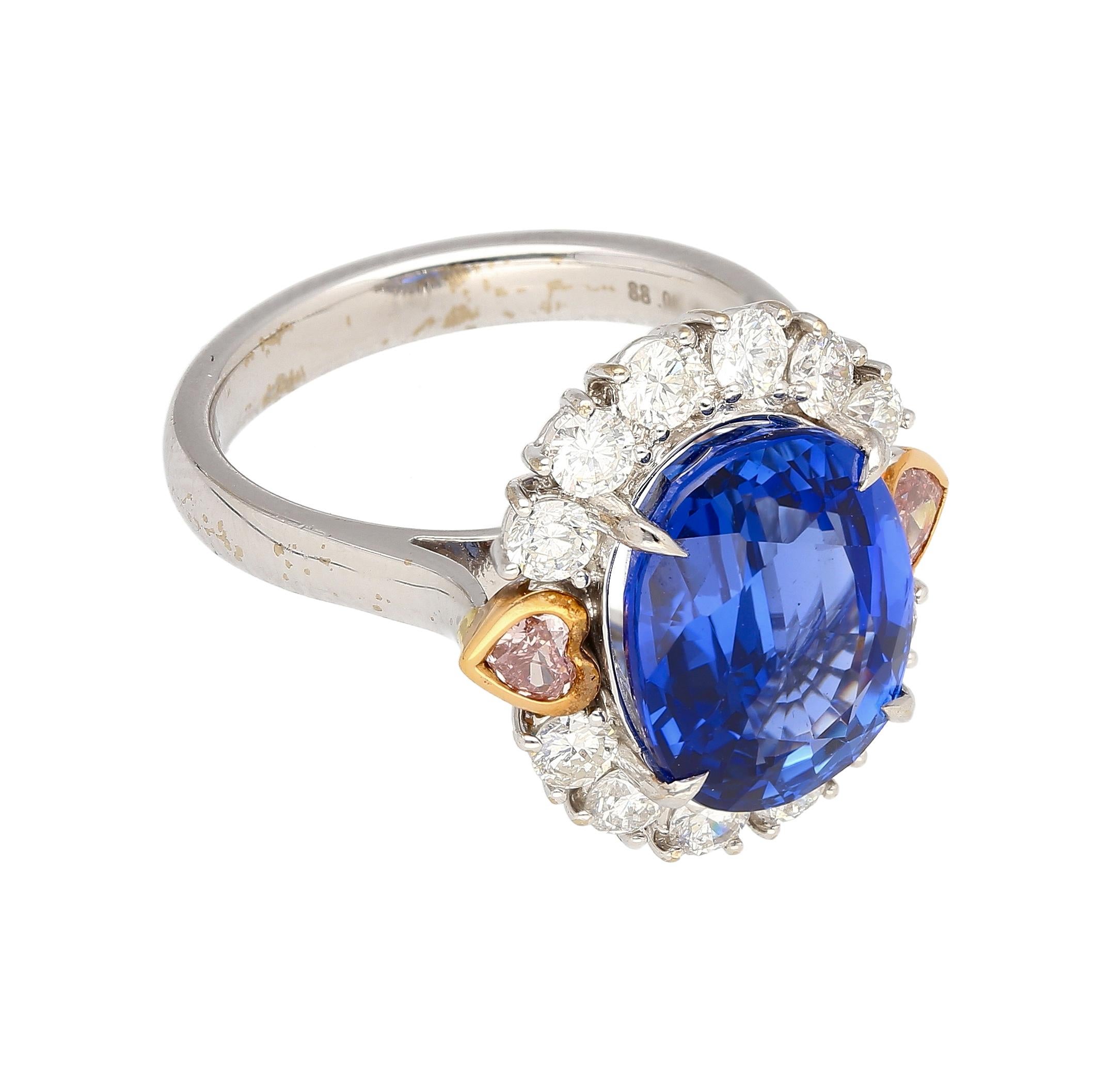 Art Deco 7.25 Carat No Heat Oval Cut Blue Sapphire Ring With Pink Diamond Side Stones For Sale