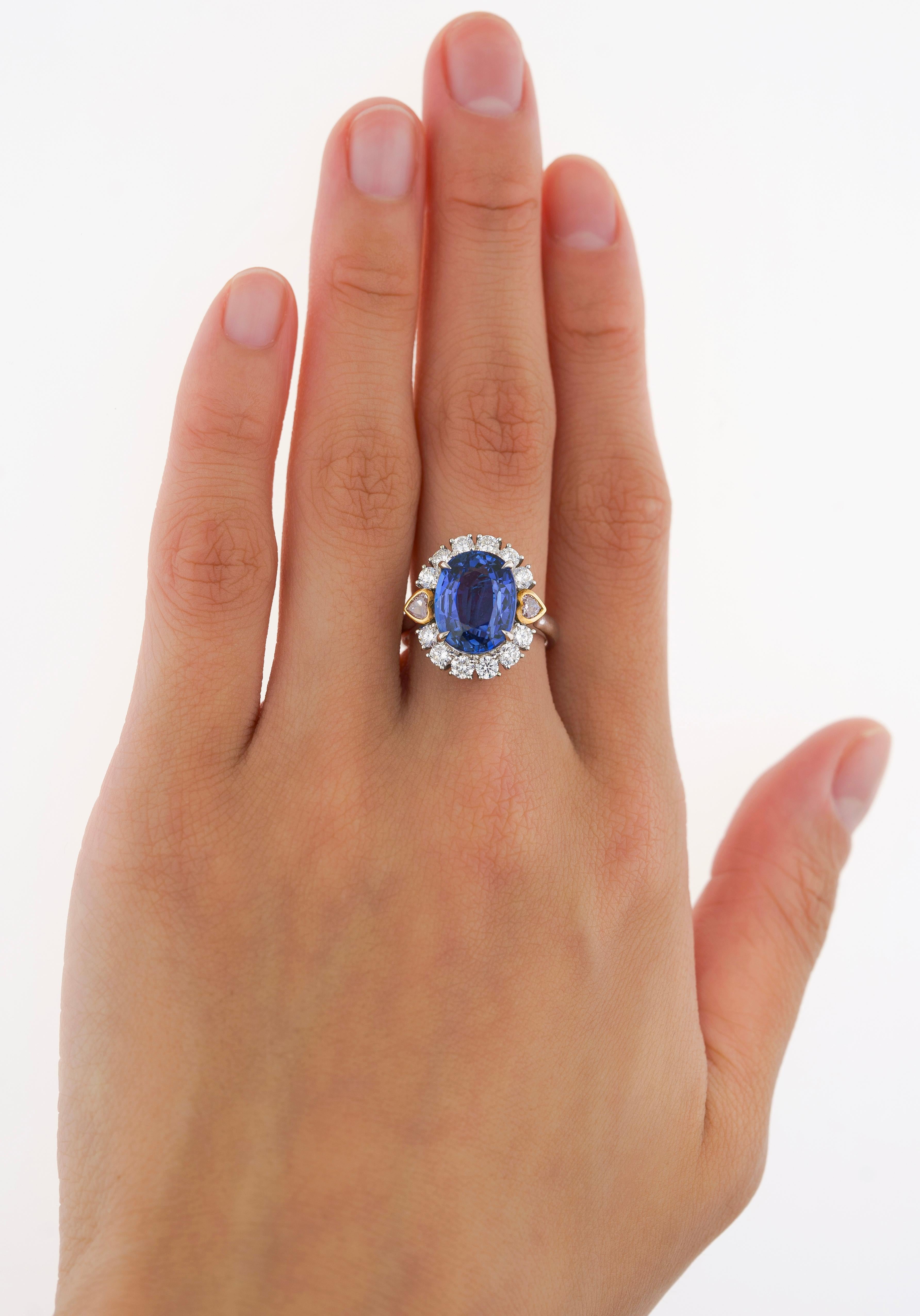 7.25 Carat No Heat Oval Cut Blue Sapphire Ring With Pink Diamond Side Stones For Sale 2