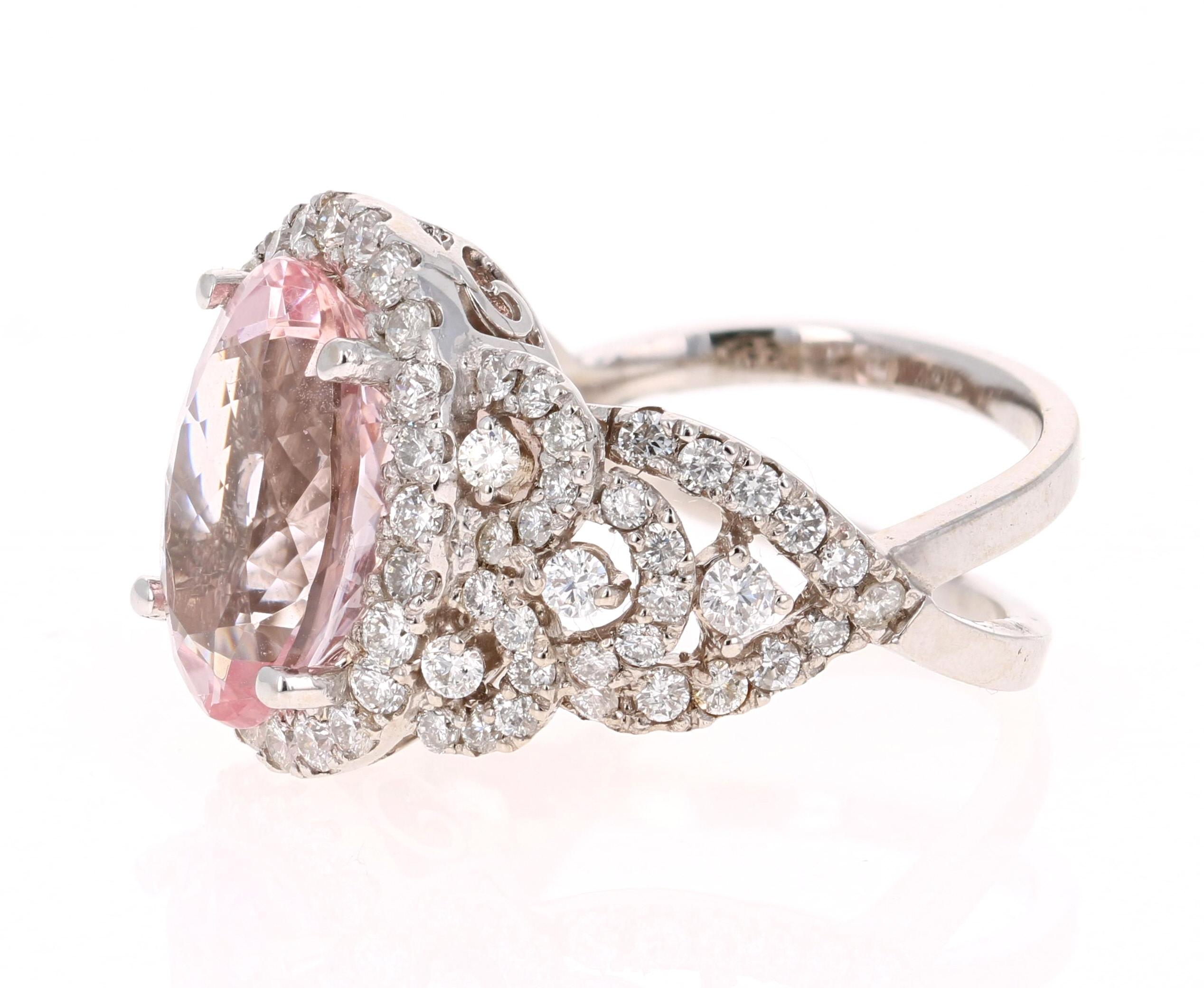 Contemporary 7.25 Carat Pink Morganite Diamond White Gold Bridal Ring For Sale