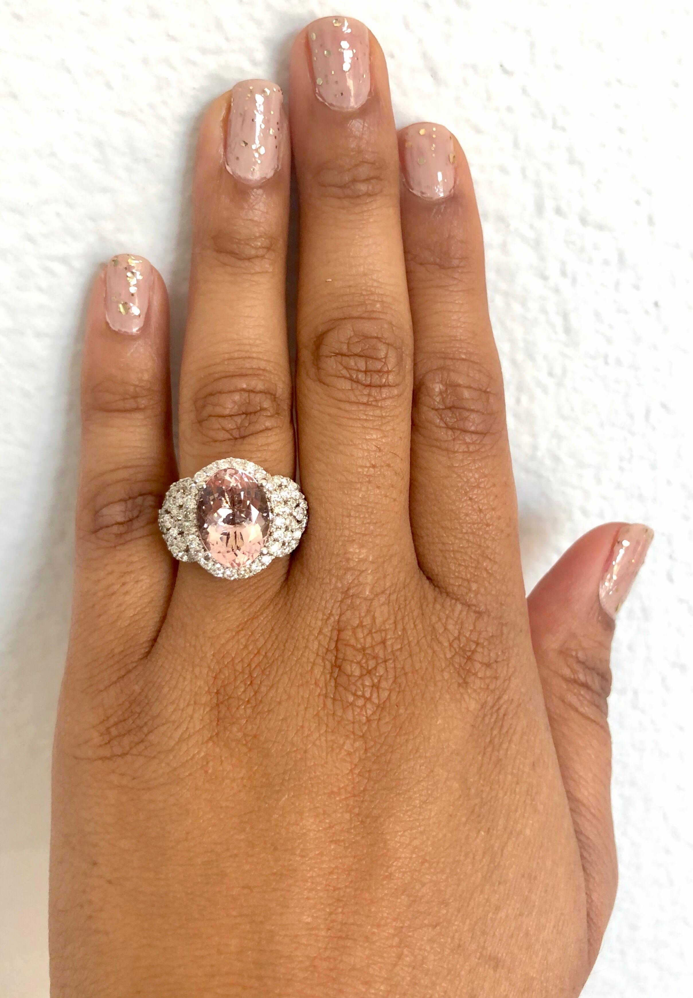 Women's 7.25 Carat Pink Morganite Diamond White Gold Bridal Ring For Sale