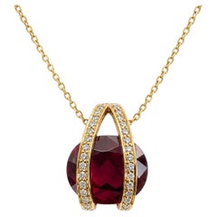 7.25 Carat Rhodolite Garnet Diamond Pendant Necklace in 18K Gold