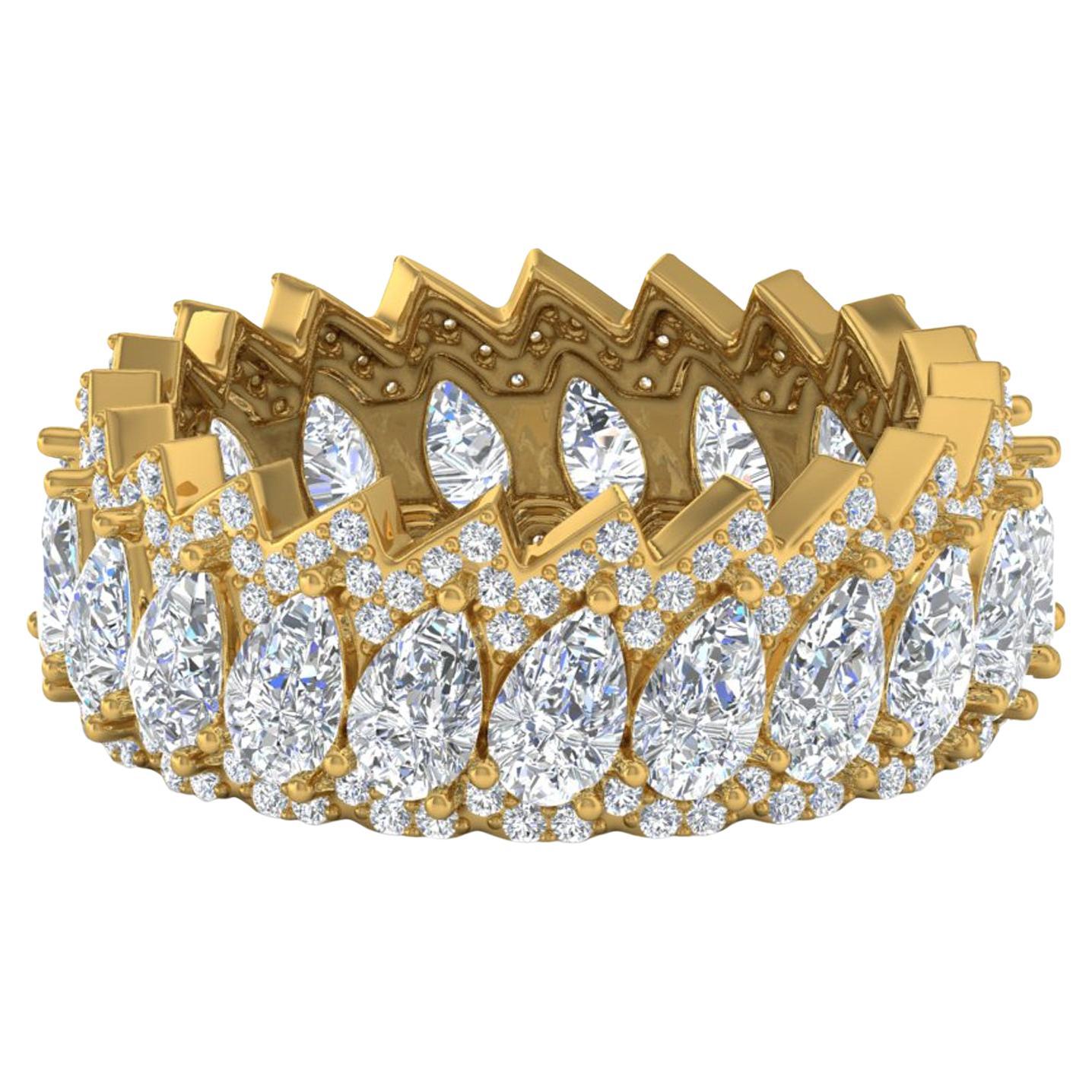 7.25 Carat SI Clarity HI Color Pear Round Diamond Yellow Gold Zigzag Band Ring