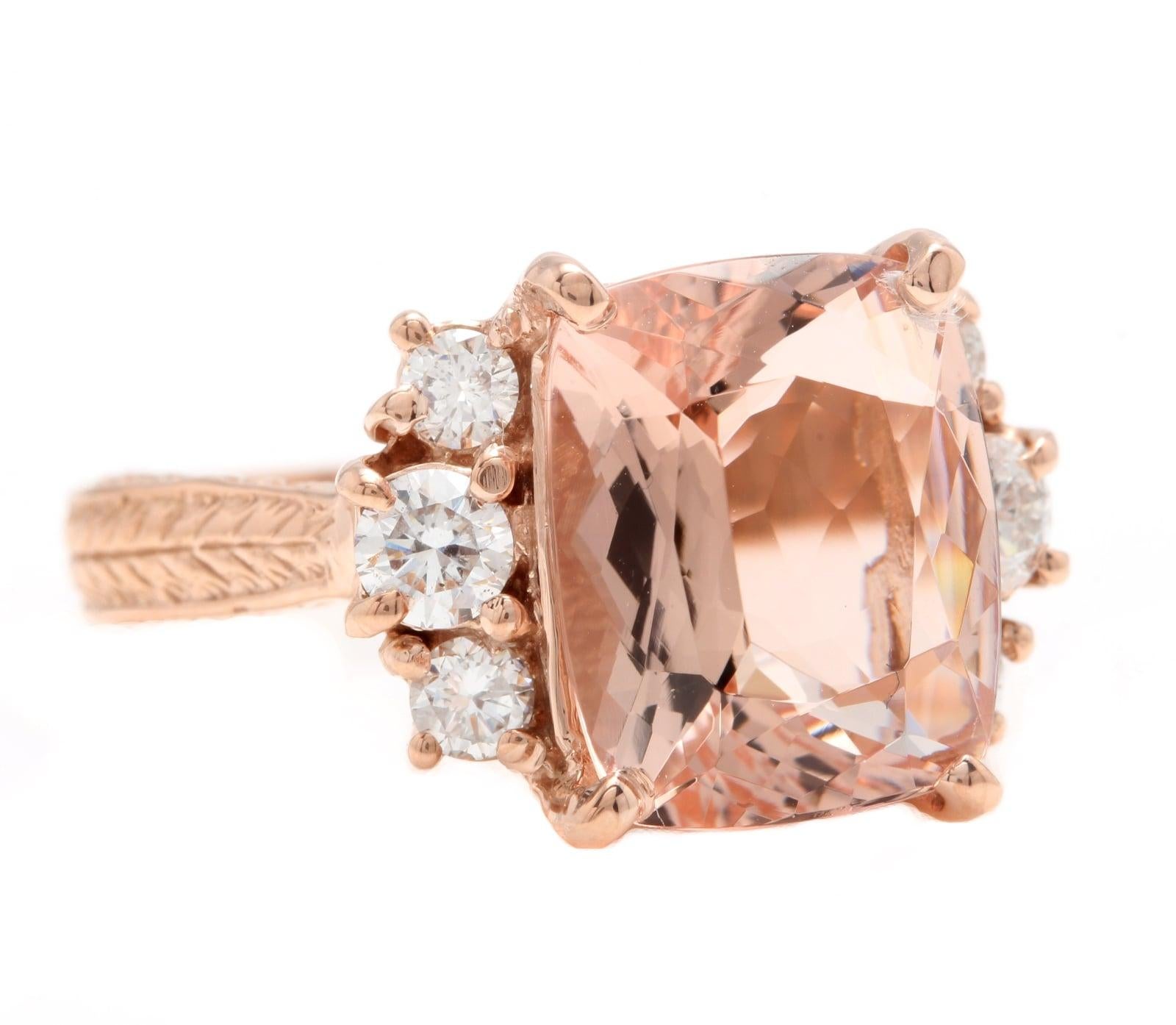 7.25 Carats Exquisite Natural Morganite and Diamond 14K Solid Rose Gold Ring

Suggested Replacement Value: $6,200.00

Total Natural Cushion Morganite Weights: Approx. 6.50 Carats

Morganite Measures: Approx. 12.00 x 10.00mm

Natural Round Diamonds