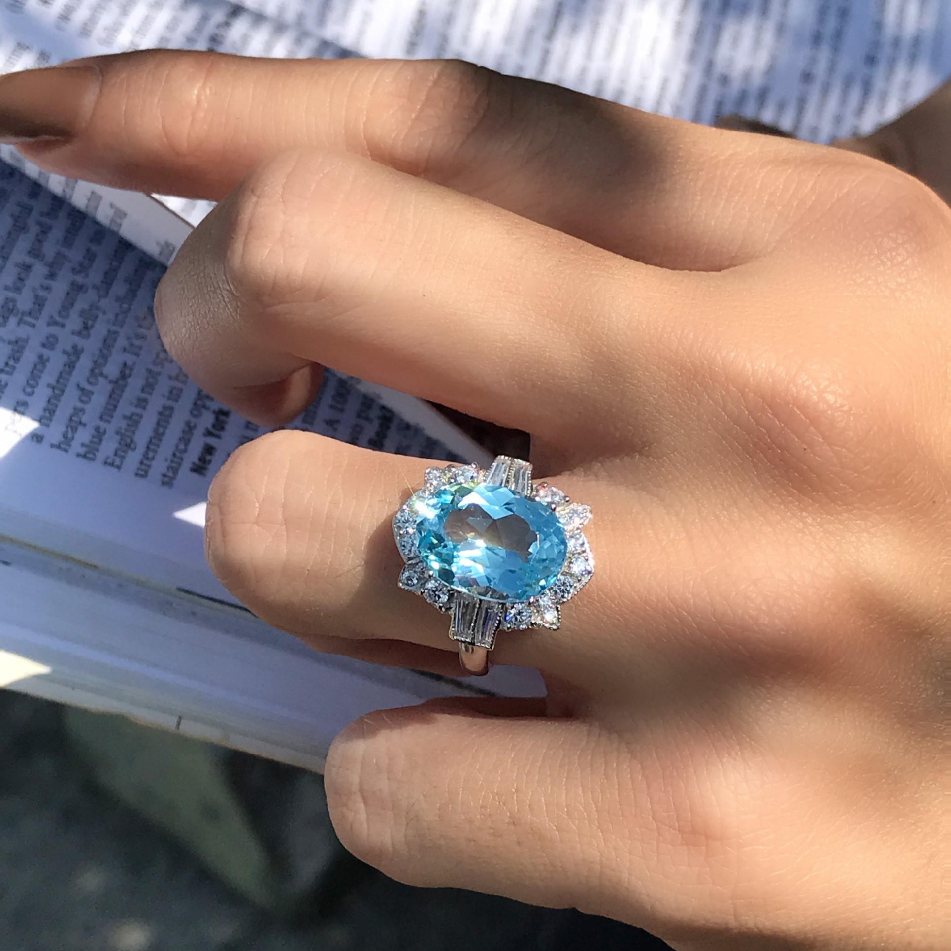 For Sale:  7.25 Ct. Oval Blue Topaz and Diamond Cocktail Ring in 18K White Gold 9