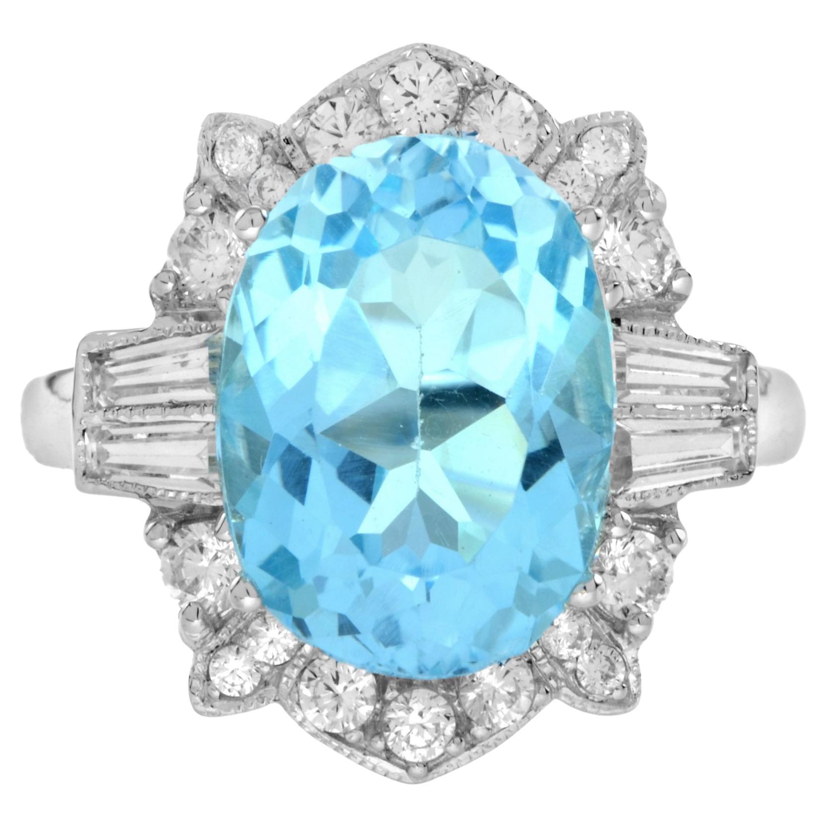 7,25 Ct. Bague cocktail en or blanc 18 carats avec topaze bleue ovale et diamants