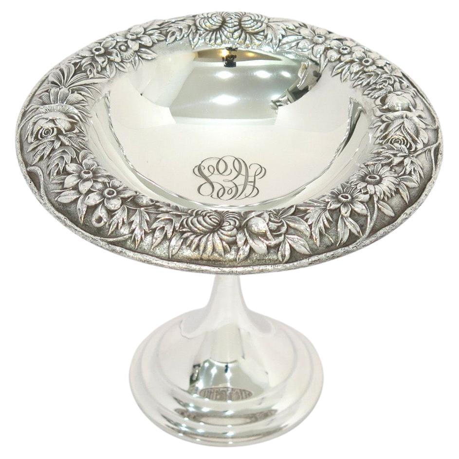7.25" Sterling Silver S. Kirk & Son Antique Floral Repousse Footed Serving Bowl For Sale