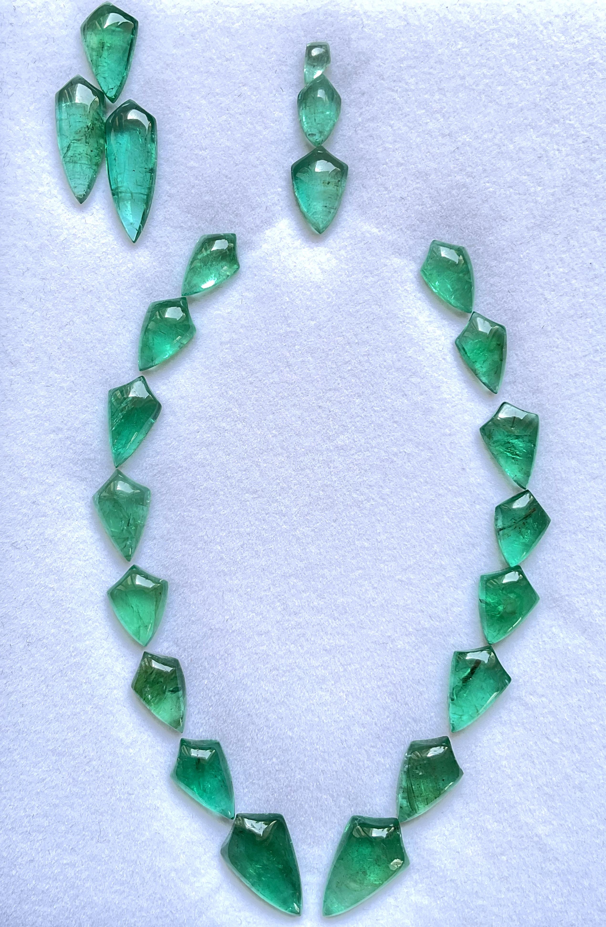 Art Deco 72.50 carats Zambian Emerald Shield Pair cabochon Layout Jewelry Natural Gems For Sale