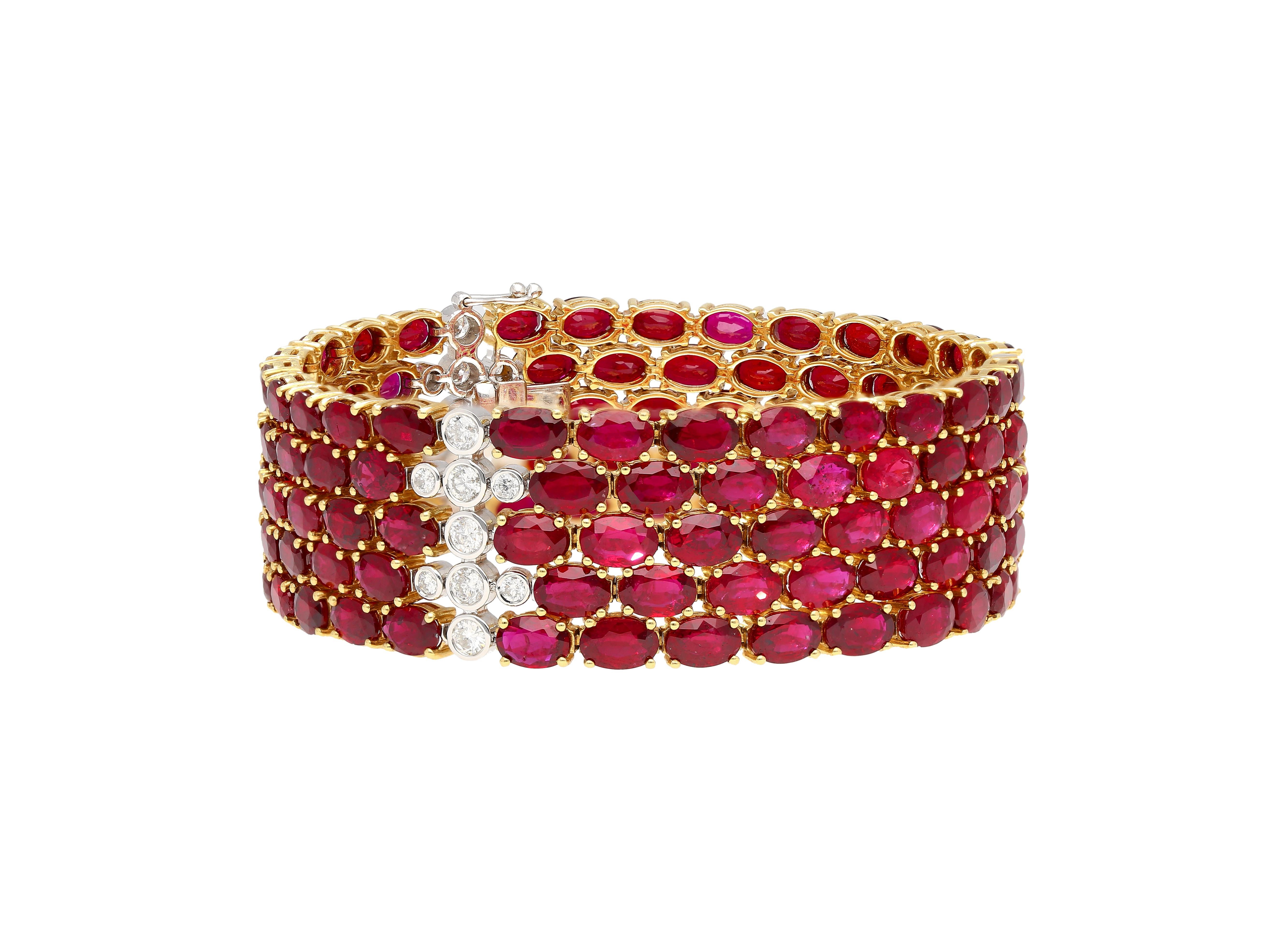 Art Deco 72.51 Carat Natural Oval Cut Ruby and Diamond 5-Row Multi Link 18K Gold Bracelet For Sale