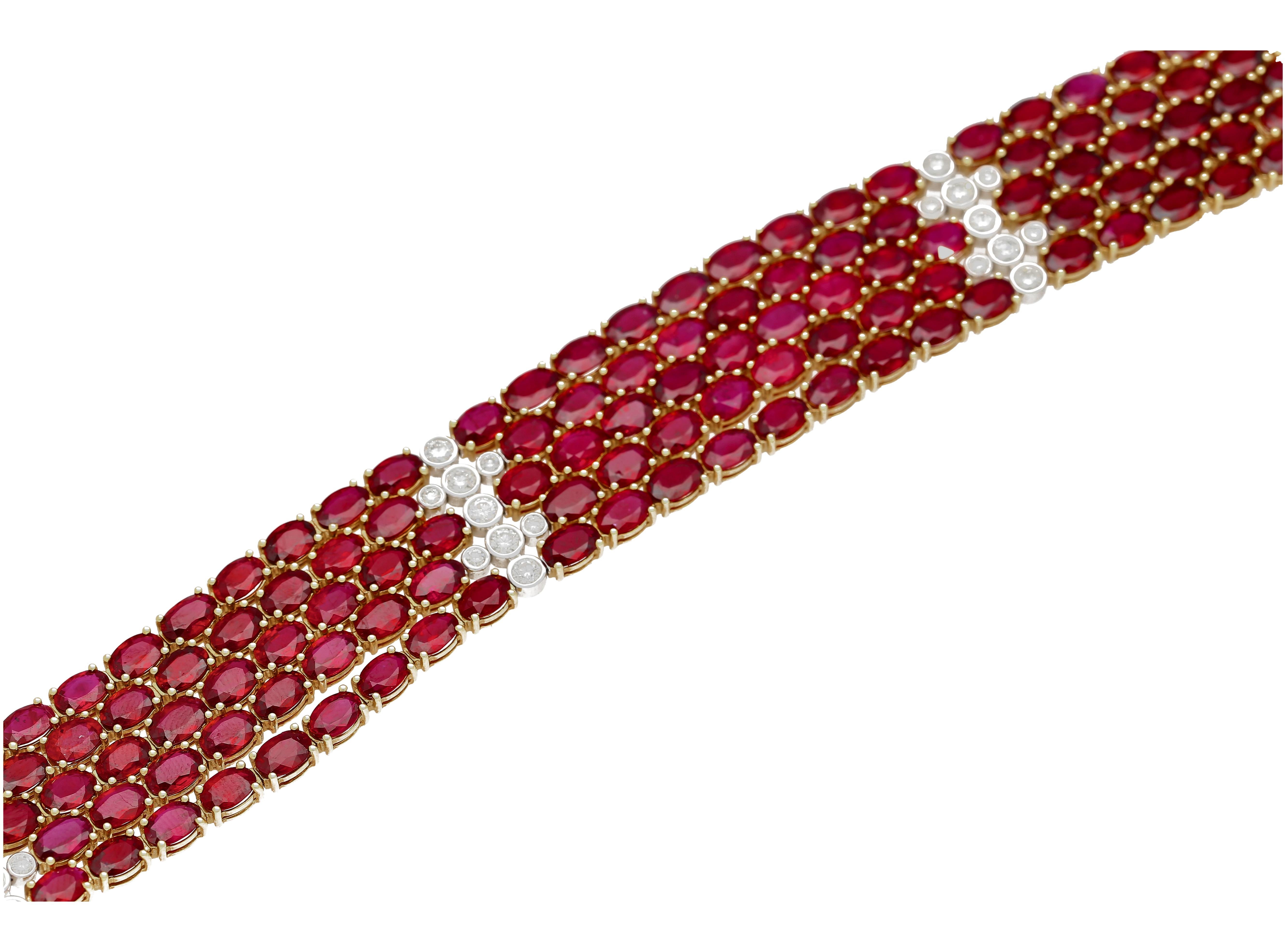 Women's 72.51 Carat Natural Oval Cut Ruby and Diamond 5-Row Multi Link 18K Gold Bracelet For Sale