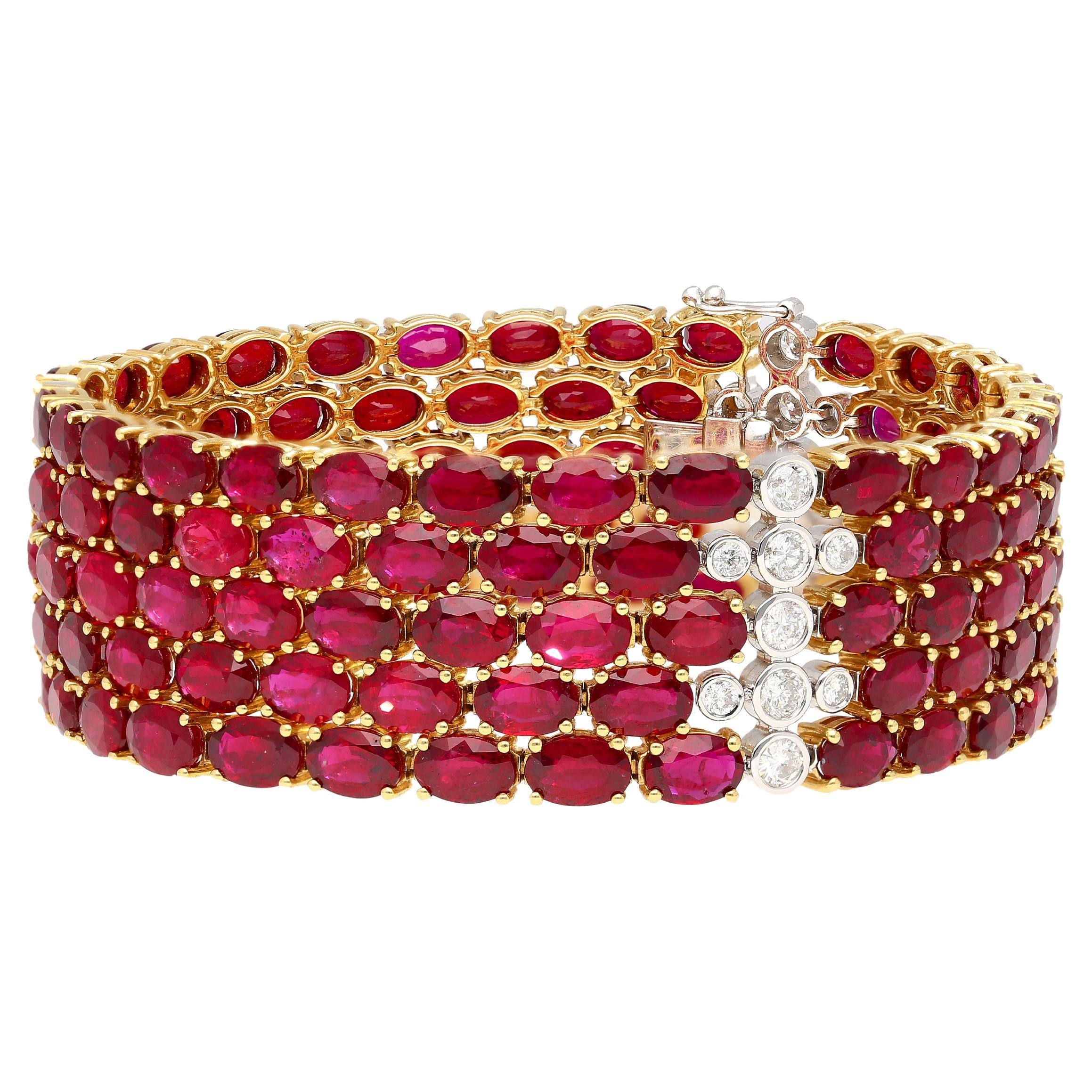 72.51 Carat Natural Oval Cut Ruby and Diamond 5-Row Multi Link 18K Gold Bracelet For Sale