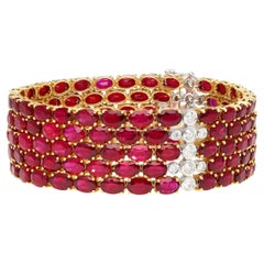 72.51 Carat Natural Oval Cut Ruby and Diamond 5-Row Multi Link 18K Gold Bracelet