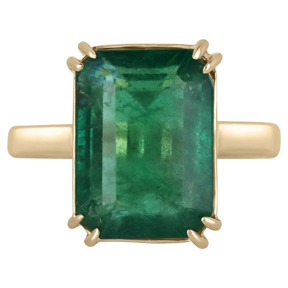 7.25ct 18K Deep Green Large Emerald Cut Emerald Double Claw Prong Solitaire Ring For Sale