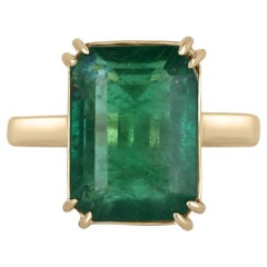 7.25ct 18K Deep Green Large Emerald Cut Emerald Double Claw Prong Solitaire Ring