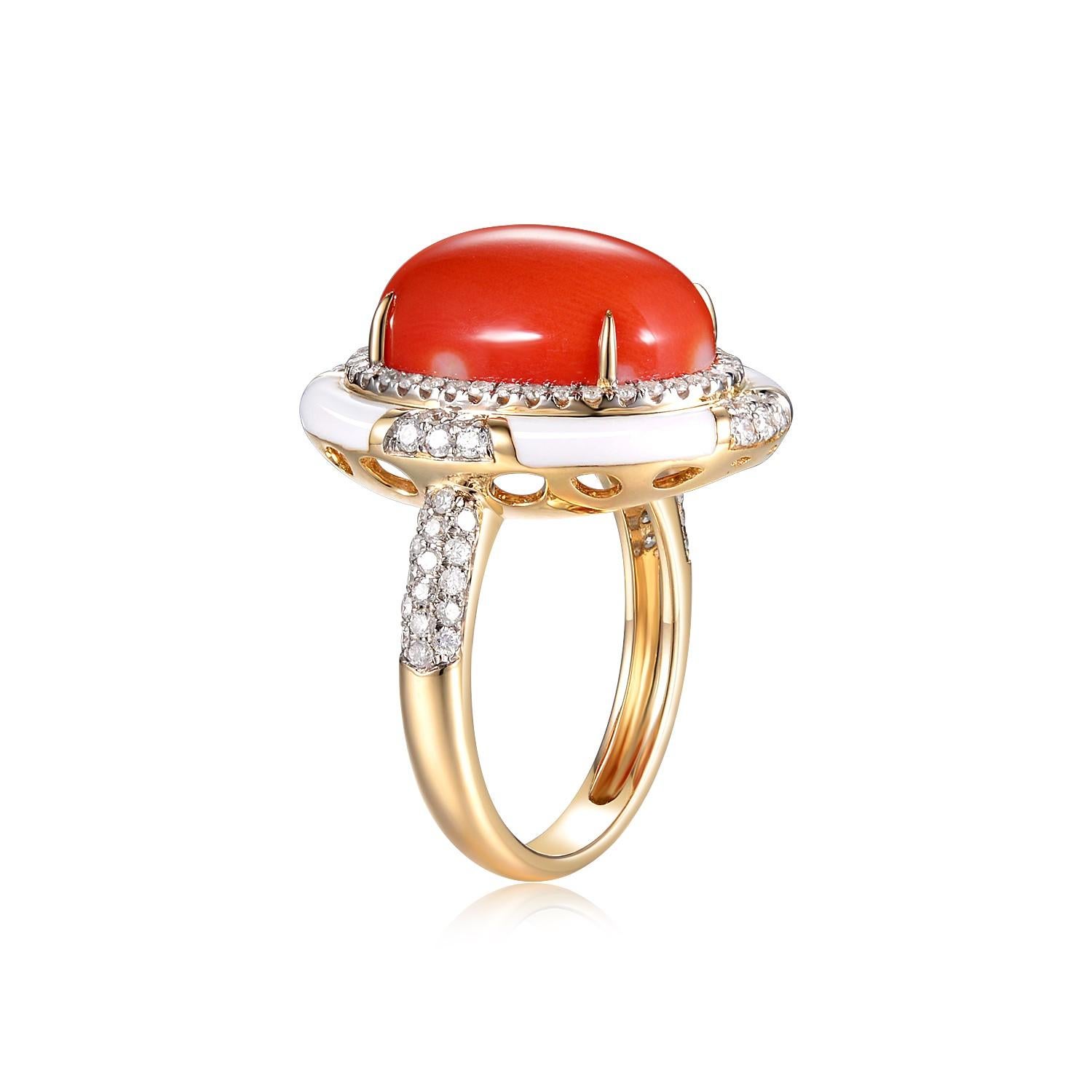 The 7.25ct Coral Diamond Enamel Ring, elegantly crafted in 14 Karat Yellow Gold, is a breathtaking ode to nature's splendor and the refined craftsmanship of human artistry. The centerpiece, a luscious 7.25 carat coral, demands attention with its
