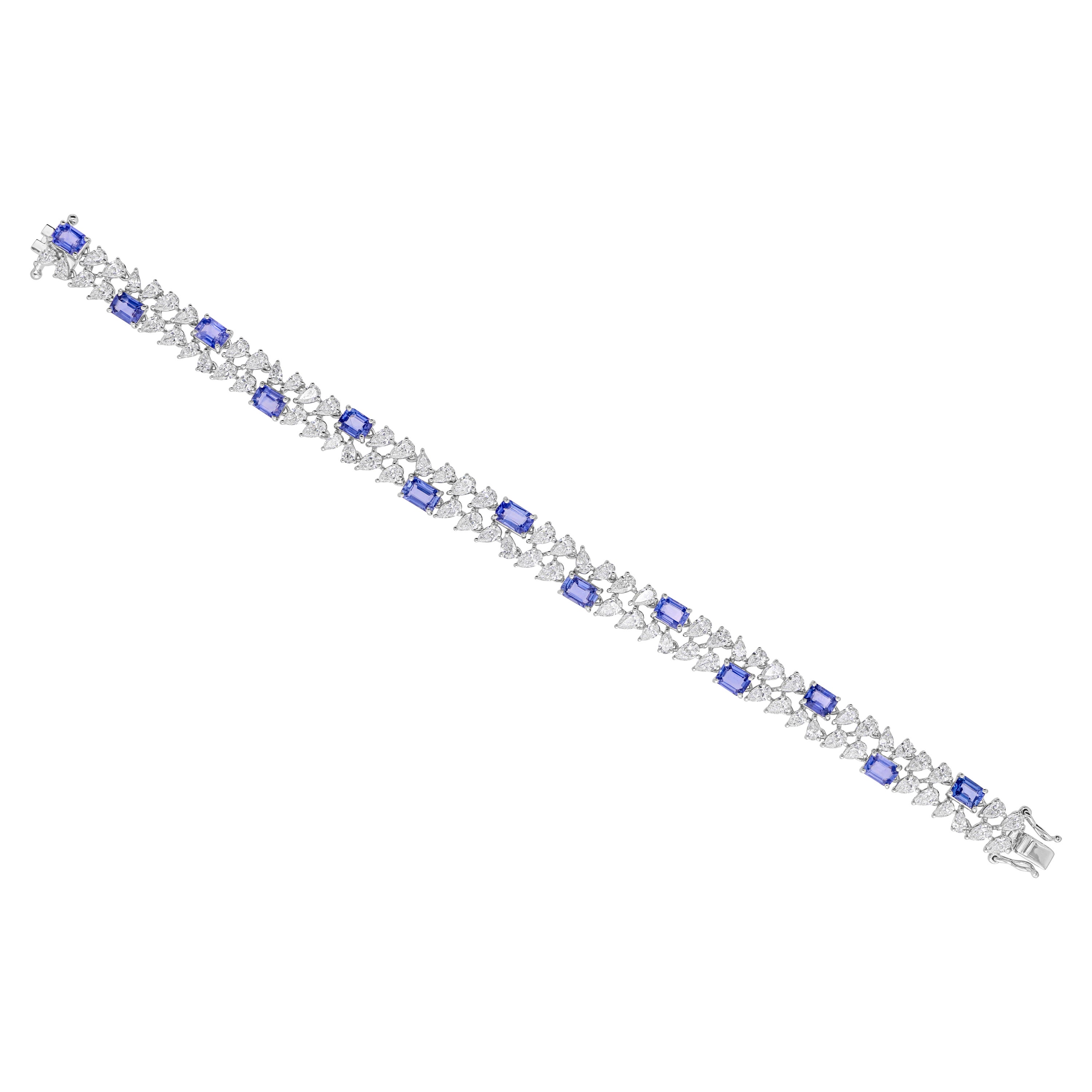 7.25ctw Blue Sapphire 7.27ctw SI/H Diamond Wide Bracelet 14k Solid White Gold For Sale