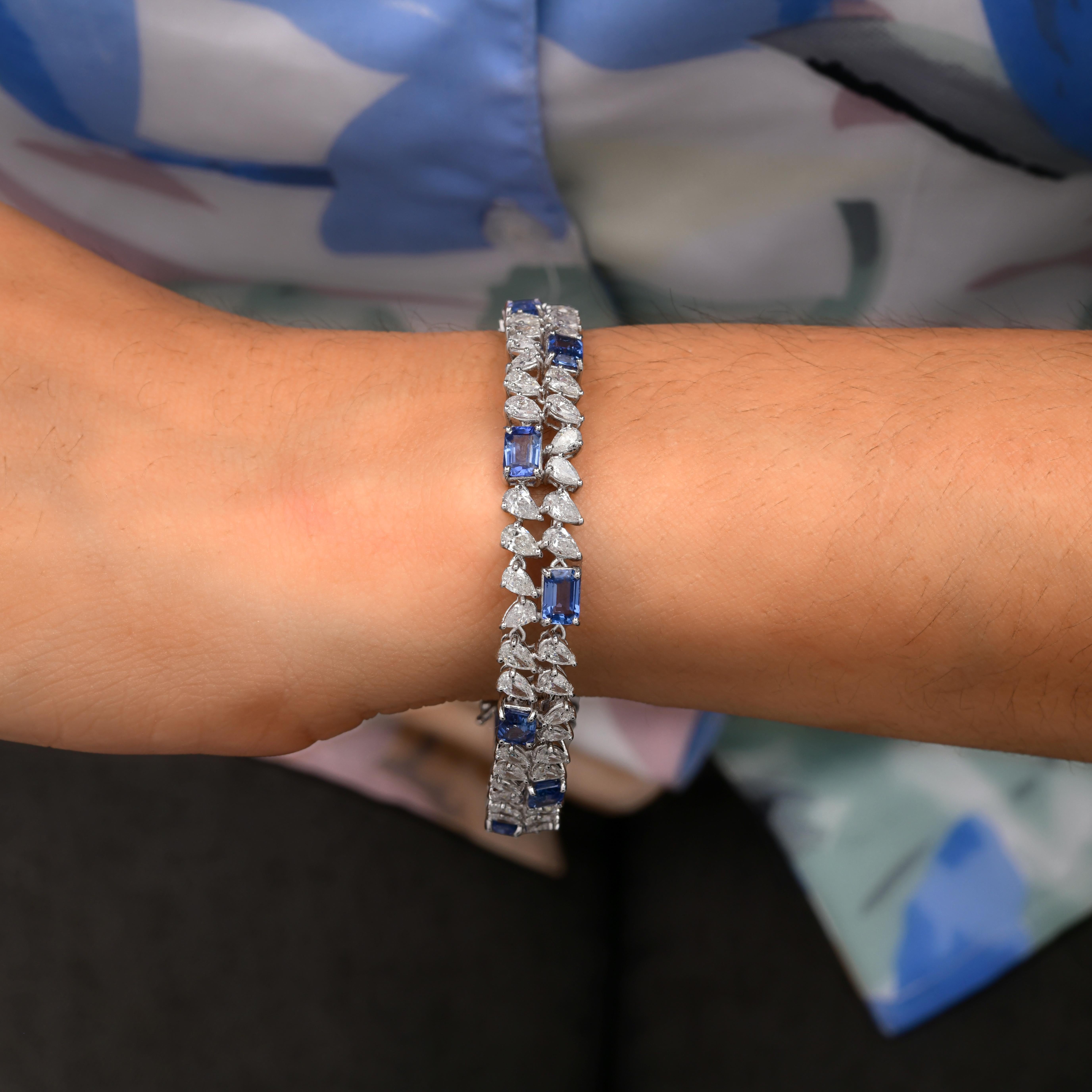 7,25ctw Blauer Saphir 7,27ctw SI/H Diamant Breite Armband 18k Massiv Weißgold (Achteckschliff) im Angebot