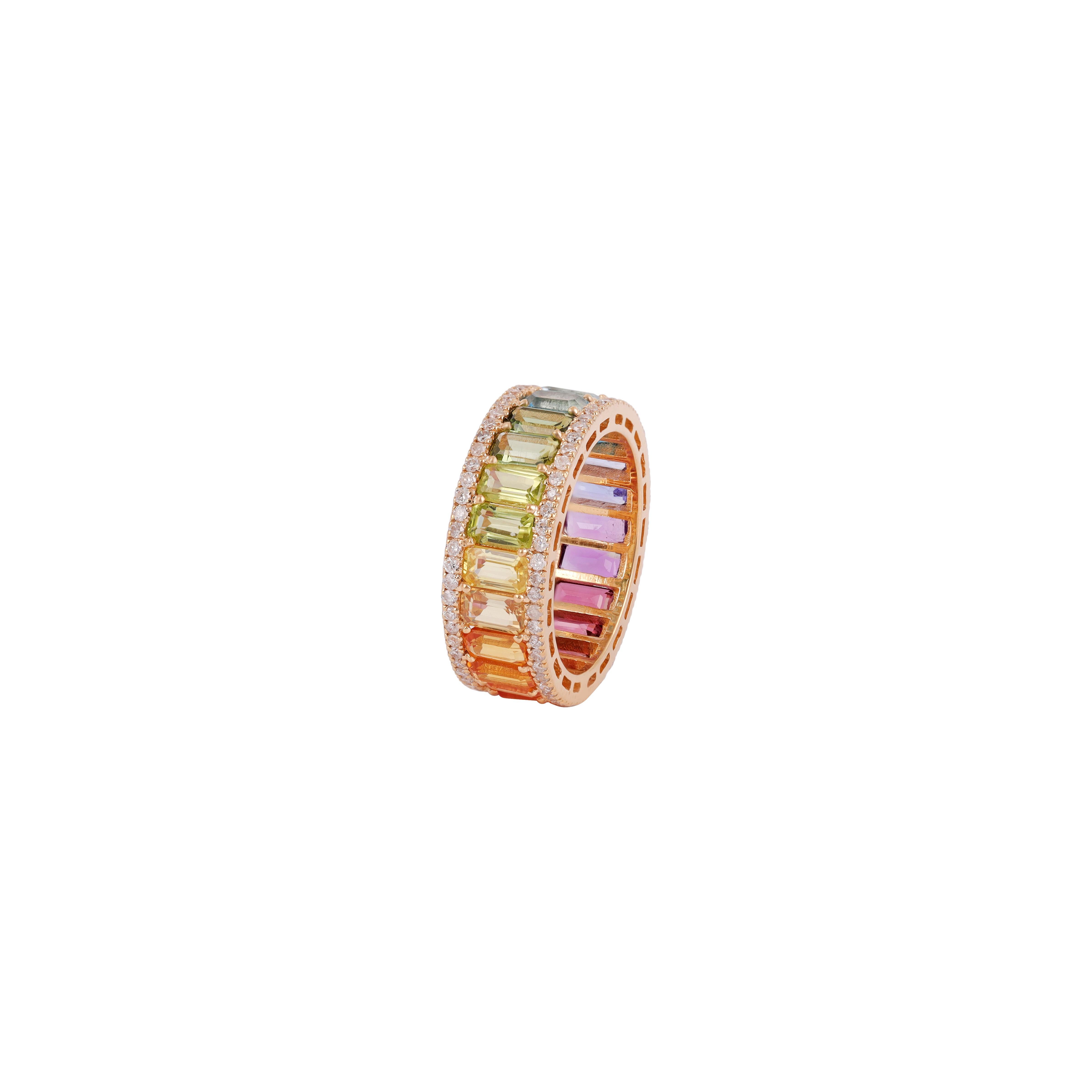 Modern 7.26 Carat Multi-Color Rainbow Sapphires Ring, Diamond in 18 Karat Gold For Sale