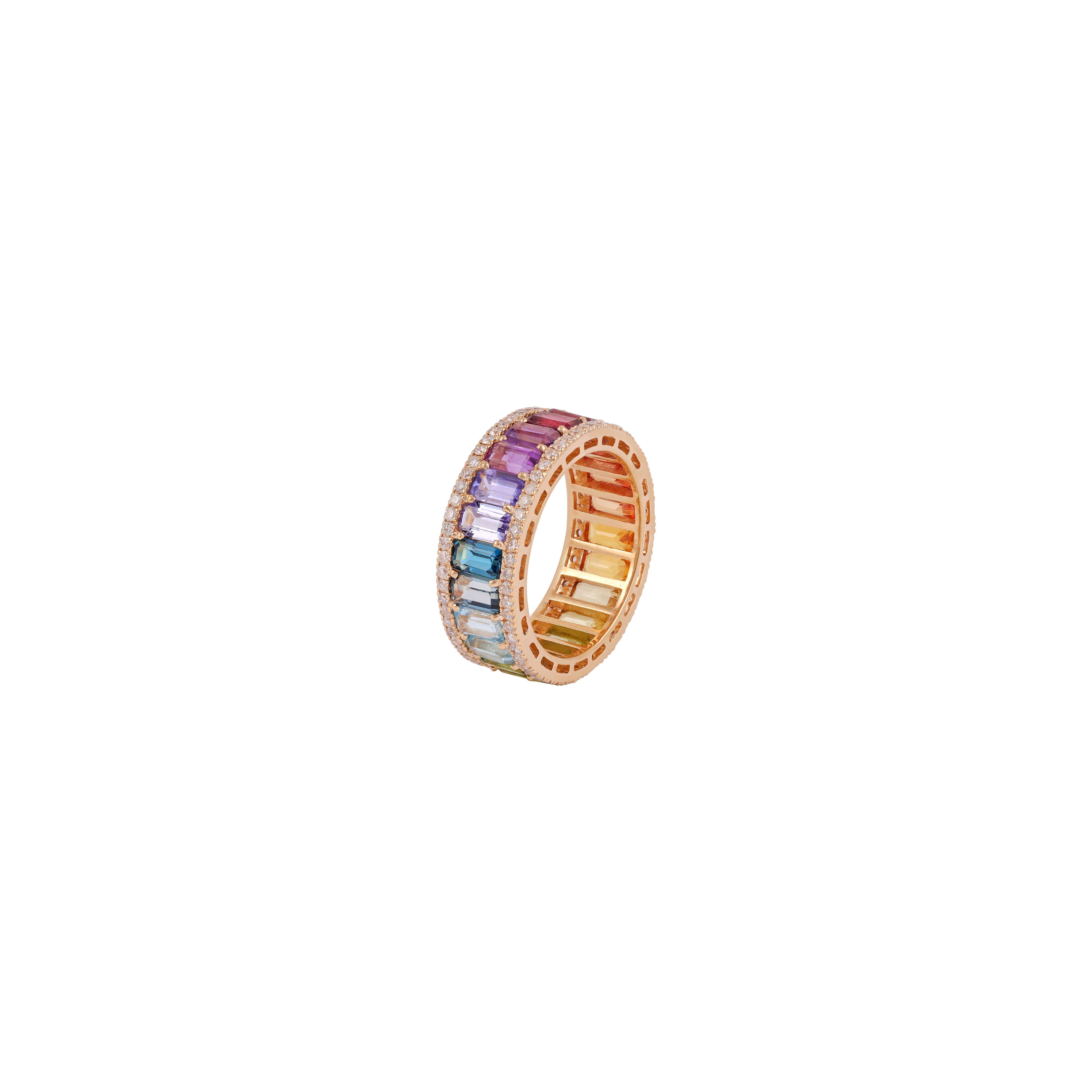 Octagon Cut 7.26 Carat Multi-Color Rainbow Sapphires Ring, Diamond in 18 Karat Gold For Sale