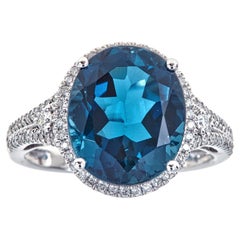 Vintage 7.26 Carat Oval-Cut London Blue Topaz with Diamond Accents 14K White Gold Ring