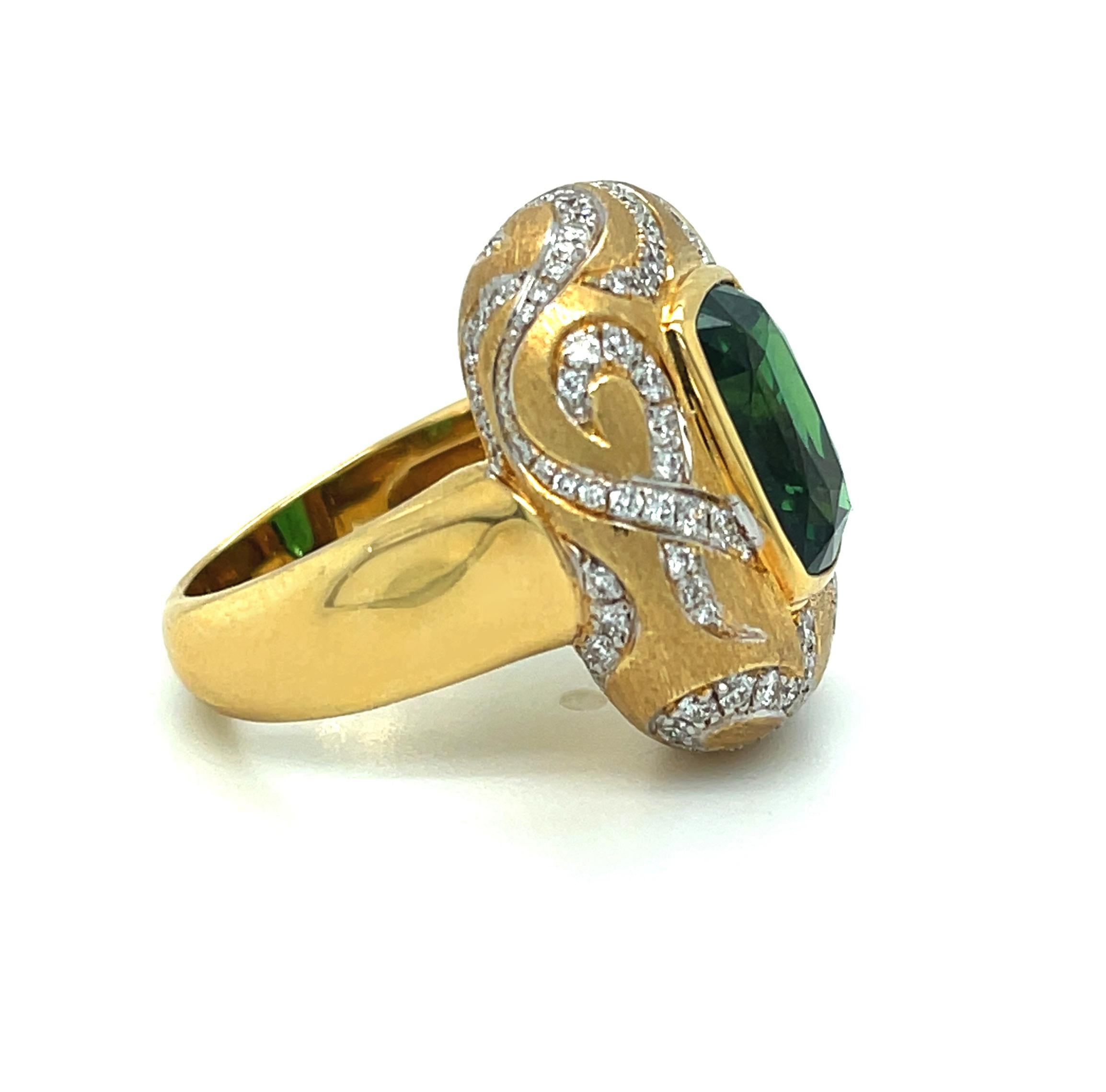 Cushion Cut 7.26 Carat Tsavorite Garnet and Diamond 18k Yellow Gold Handmade Ring For Sale