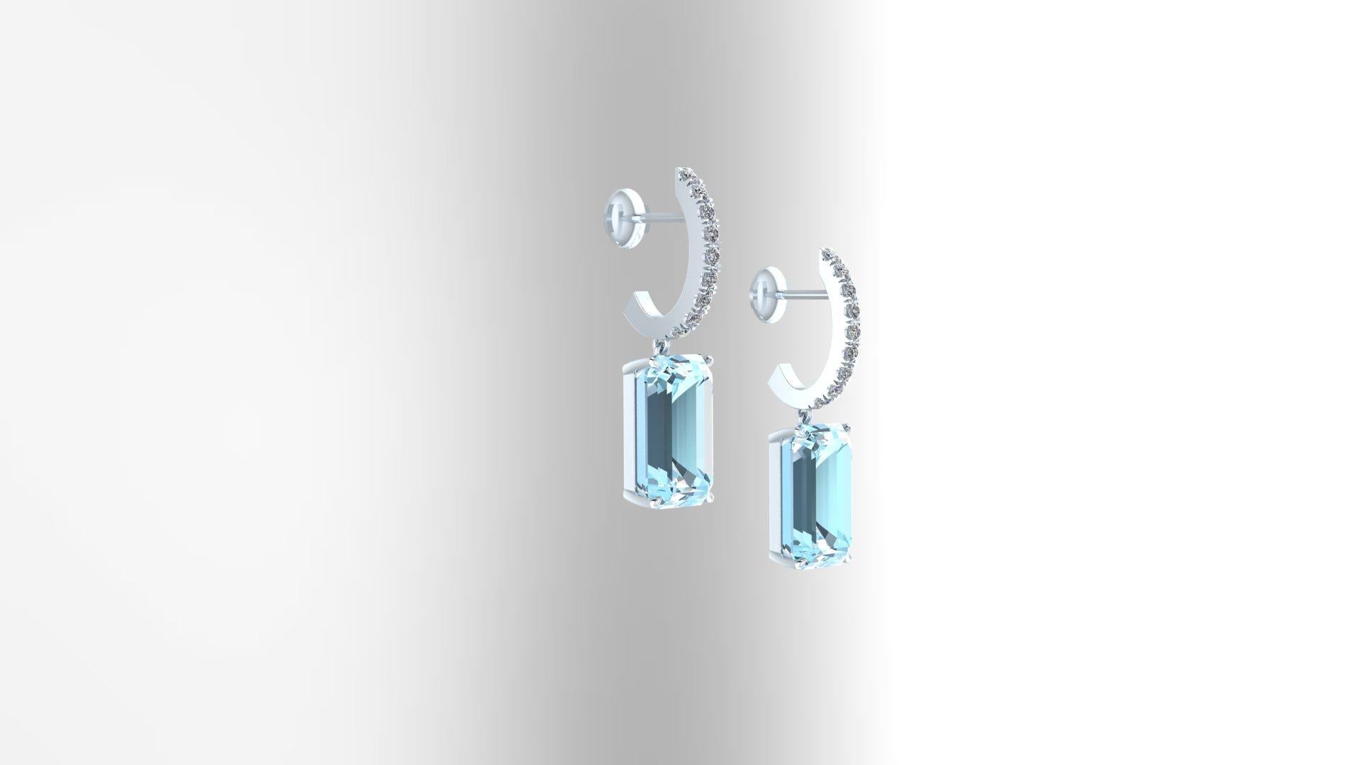 7.26 Carats Emerald cut Aquamarine and Diamonds Platinum Earrings, diamonds brilliant cut for an approximate total carat weight of 0.28ct of G color, VS clarity, set in Platinum 950 drop dangling earrings
Push back self locking.   Complimentary