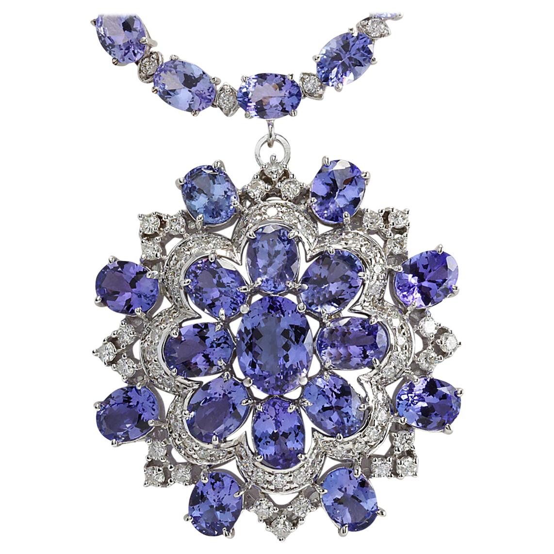 Natural Tanzanite Diamond Necklace In 14 Karat White Gold  For Sale