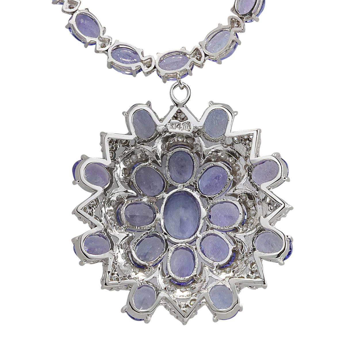 Stamped: 14K White Gold
Total Necklace Weight: 39.6 Grams
Necklace Length: 17 Inches
Total Natural Center Tanzanite Weight is 3.83 Carat (Measures: 11.00x9.00 mm)
Color: Blue
Total Natural Side Tanzanite Weight is 65.01 Carat
Color: Blue
Total