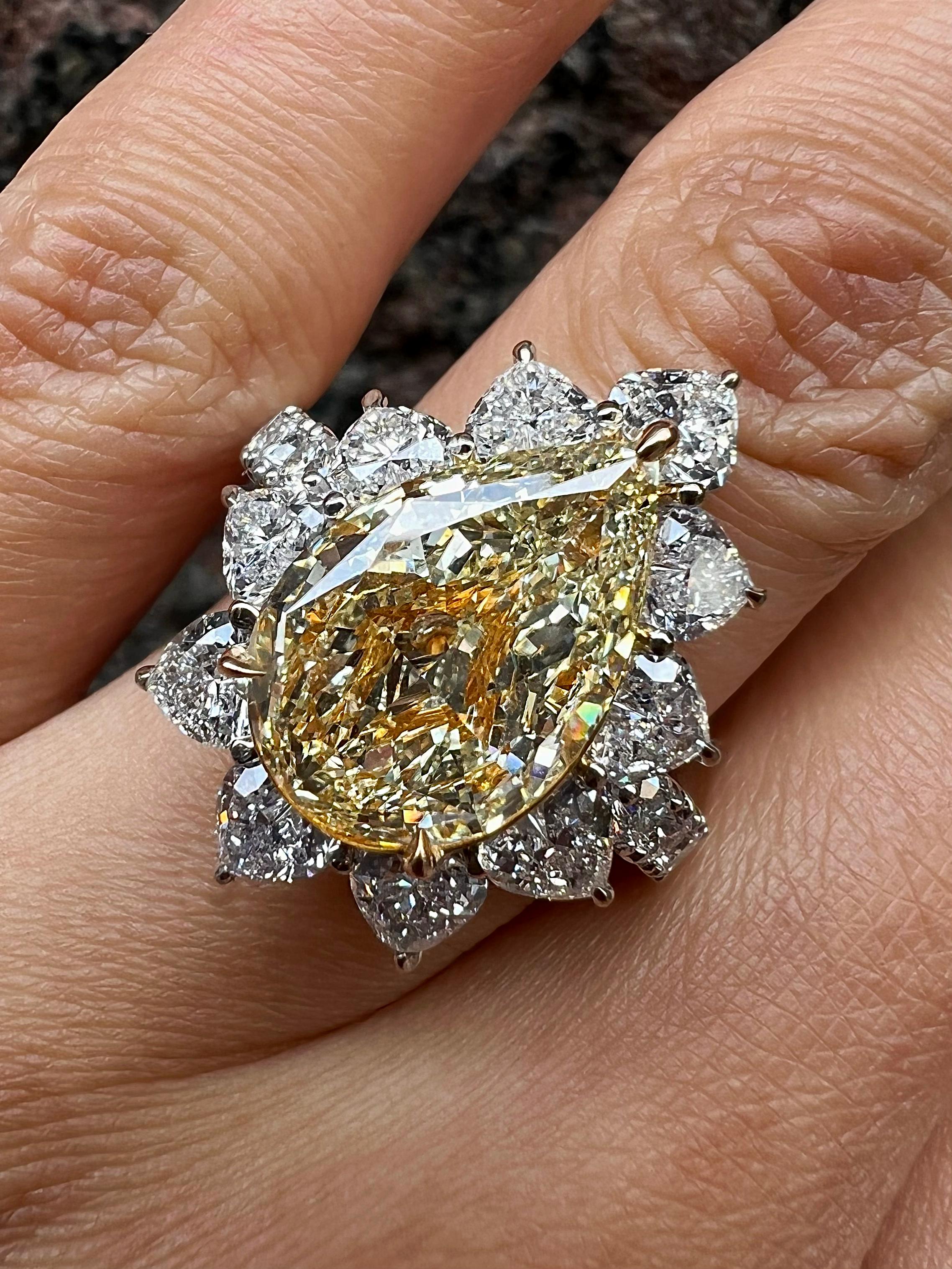 7.26 Total Carat Pear Shaped Halo GIA-certified Yellow Natural Diamond Ring In New Condition For Sale In New York, NY