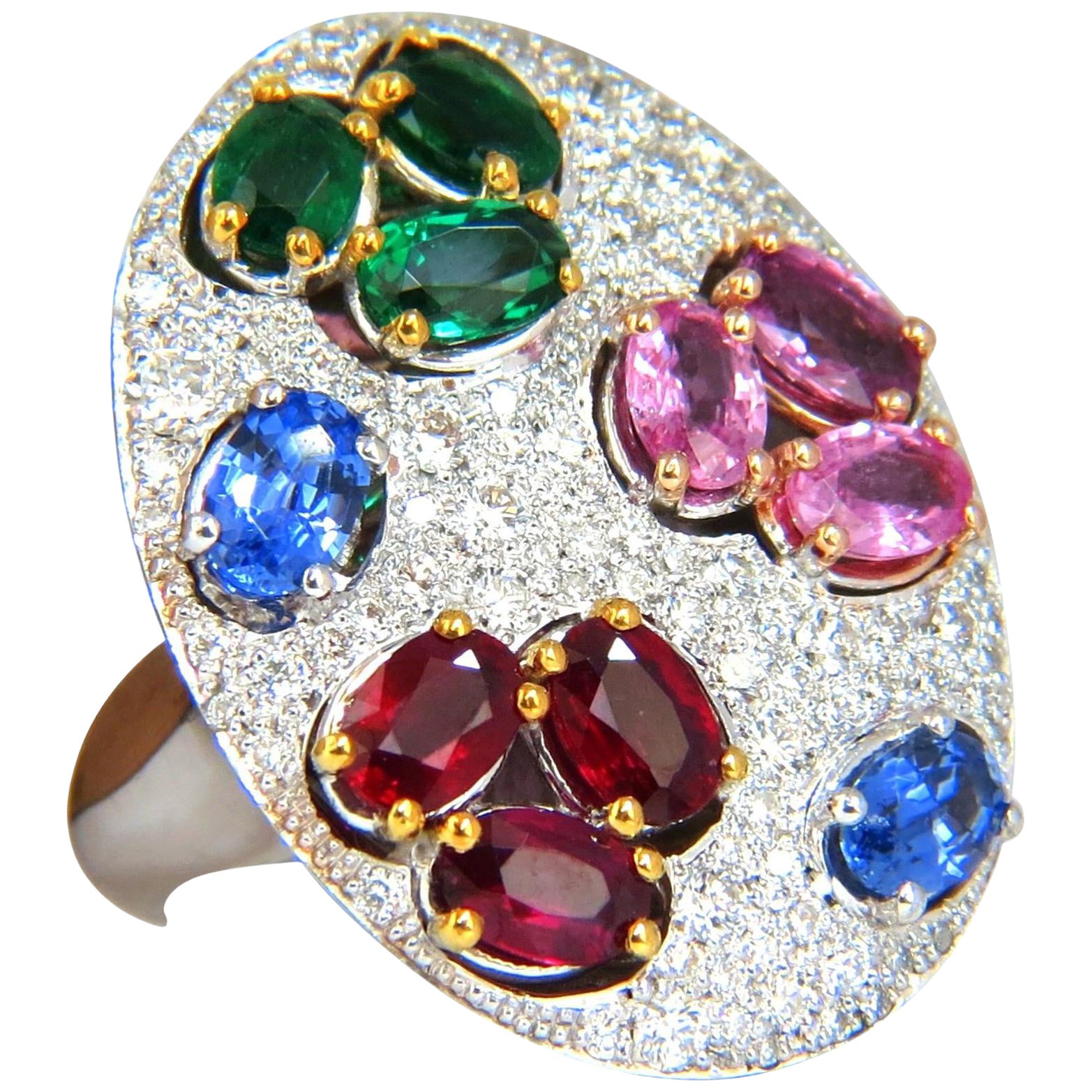 7.26CT Natural Sapphire Emerald Ruby Diamonds Sectional Cocktail Ring 18K* For Sale