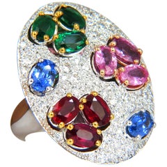 7.26CT Natural Sapphire Emerald Ruby Diamonds Sectional Cocktail Ring 18K*